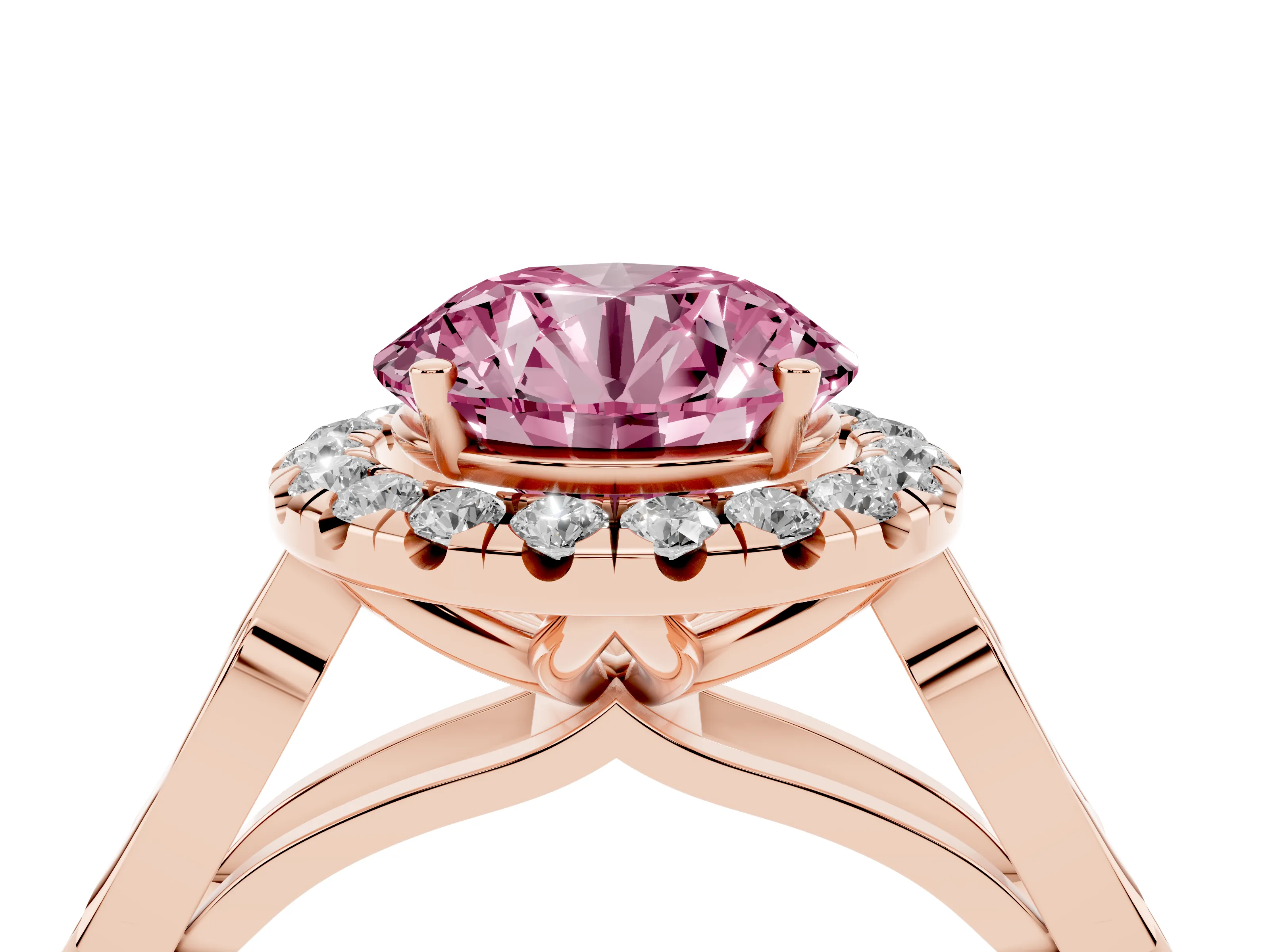 Fancy Pink Round Cut Diamond Halo Engagement Ring Set in Rose gold with Filigree Band and Prong-Set Center