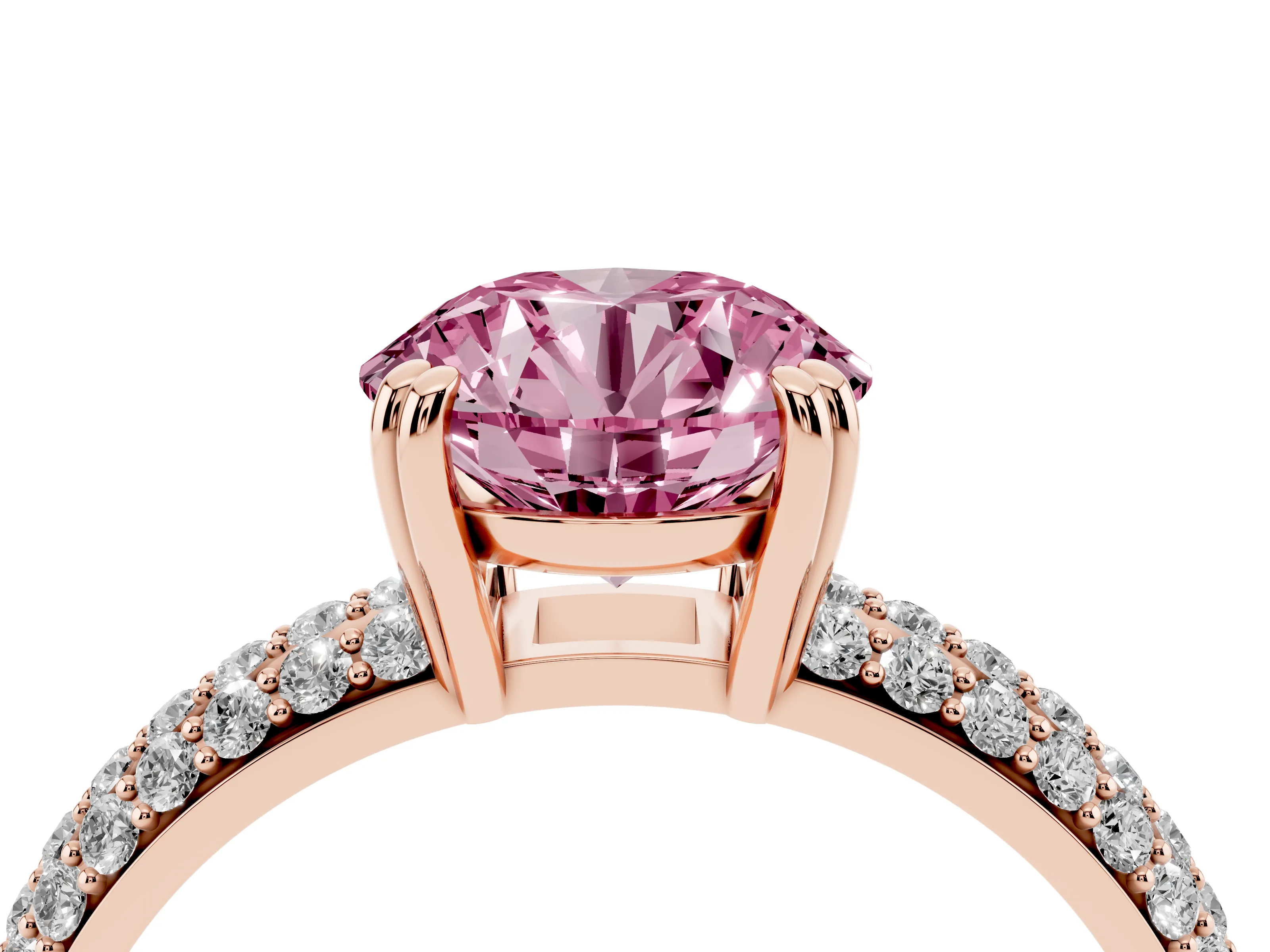 Fancy Pink Round Cut Diamond Solitaire Ring Set in Rose gold with Multi-Row Round Pavé Band and Prong Setting