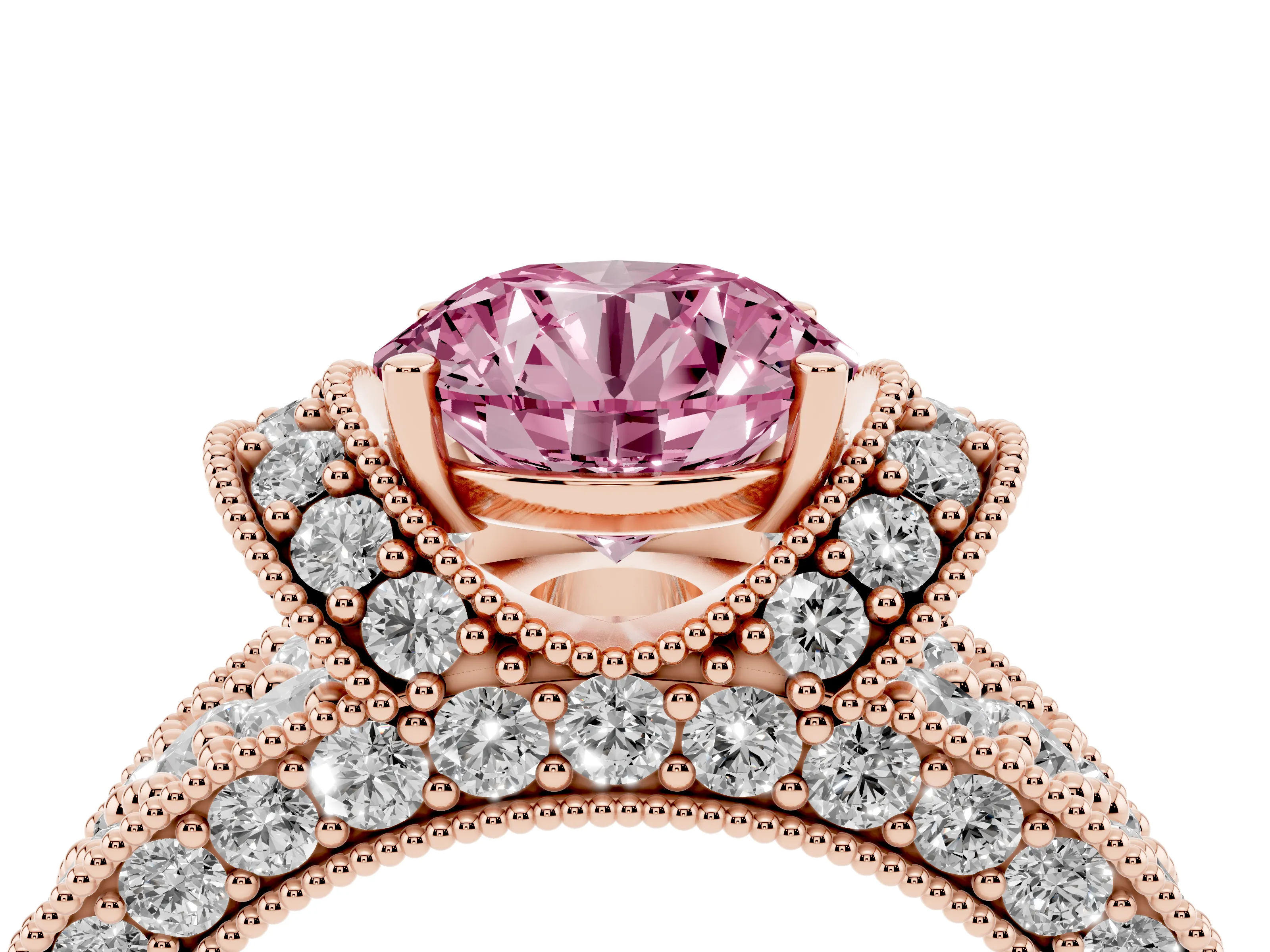 Fancy Pink Round Cut Diamond Milgrain Halo Pavé Engagement Ring Set in Rose gold with Prong Setting