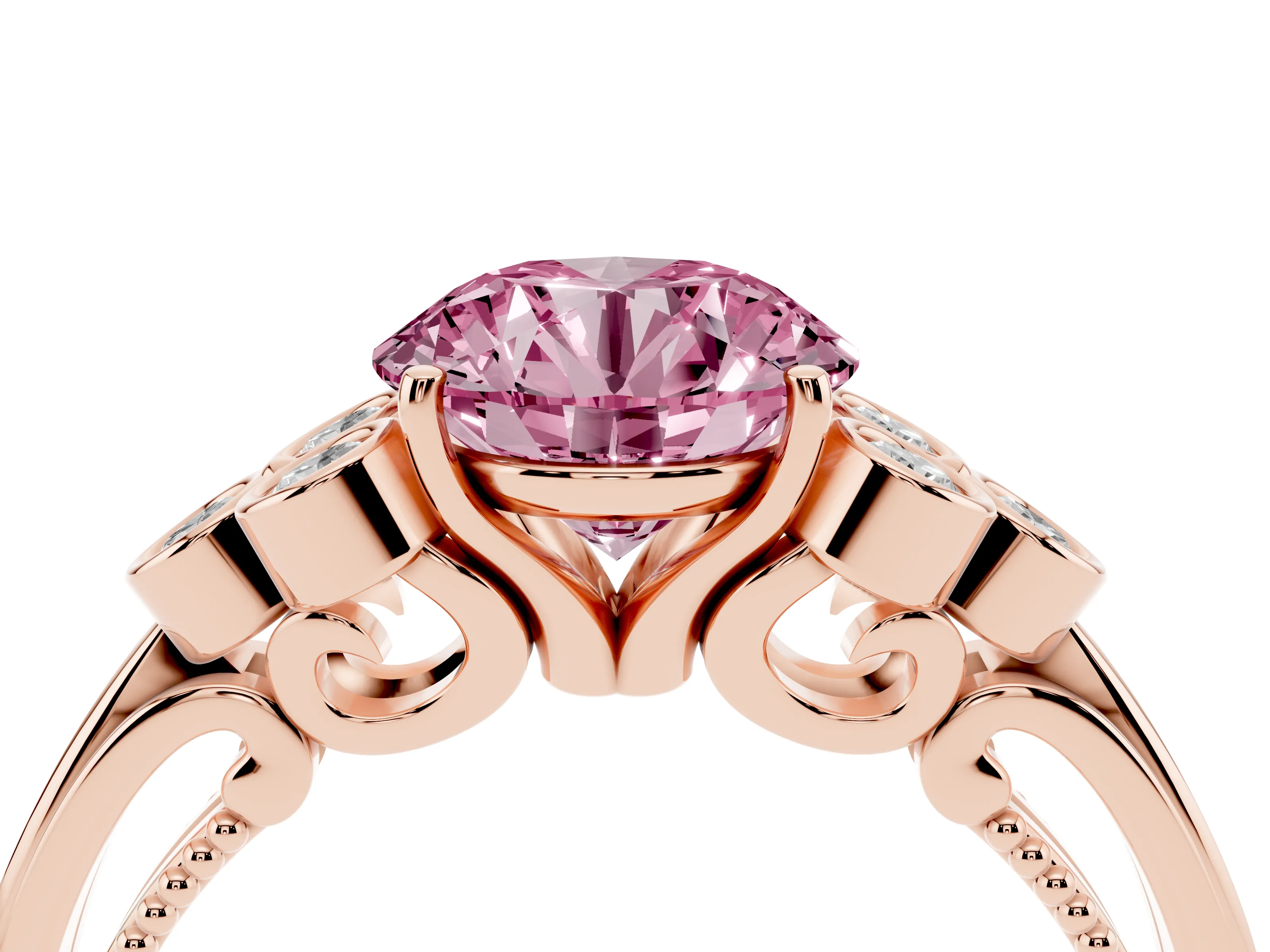 Fancy Pink Round Cut Diamond Engagement Ring Set in Rose gold with Bezel Set Round Side Stones and Prong Setting