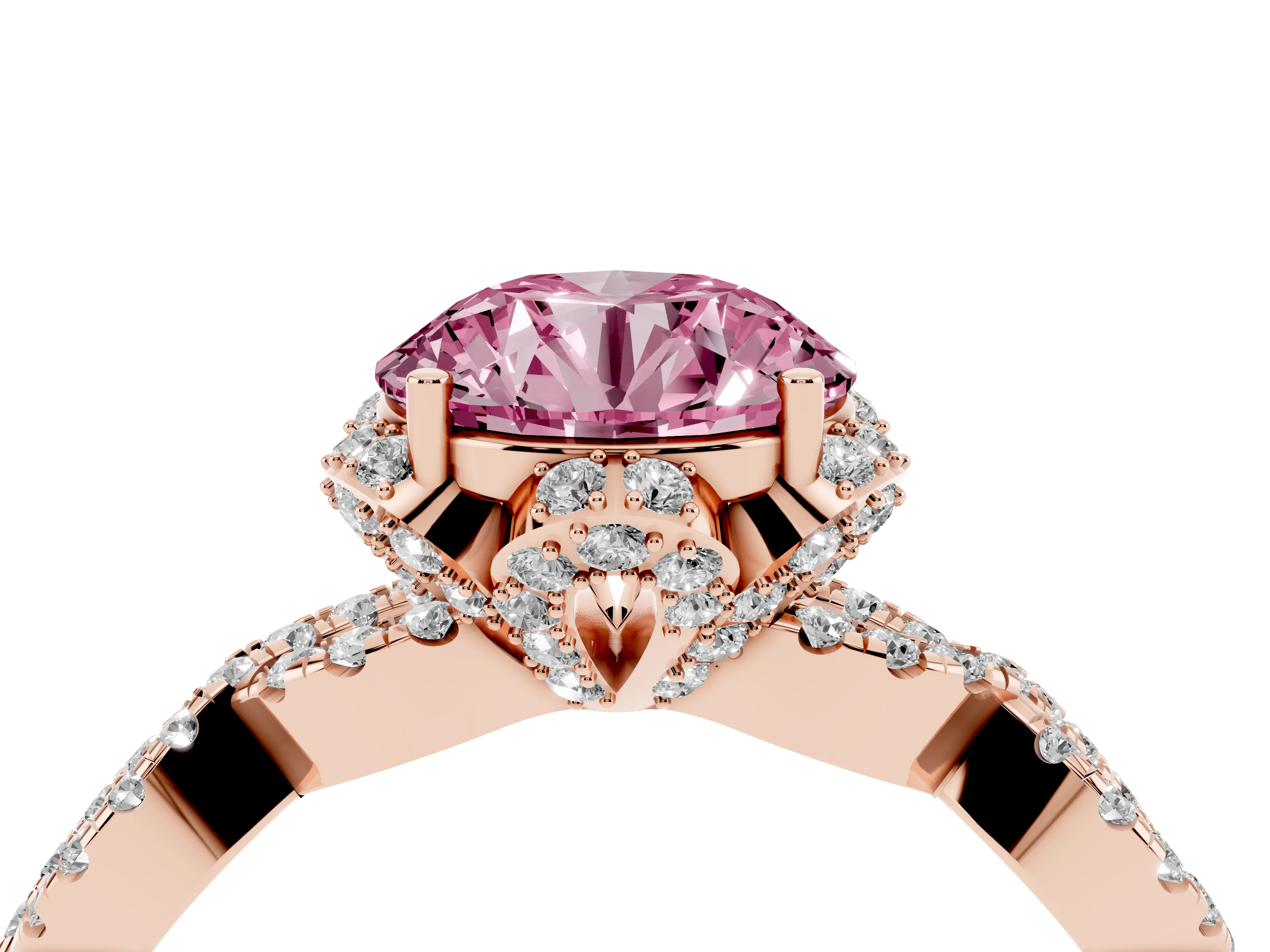 Fancy Pink Round Cut Diamond Halo Twist Band Solitaire Ring Set in Rose gold with Prong-Set Center Stone