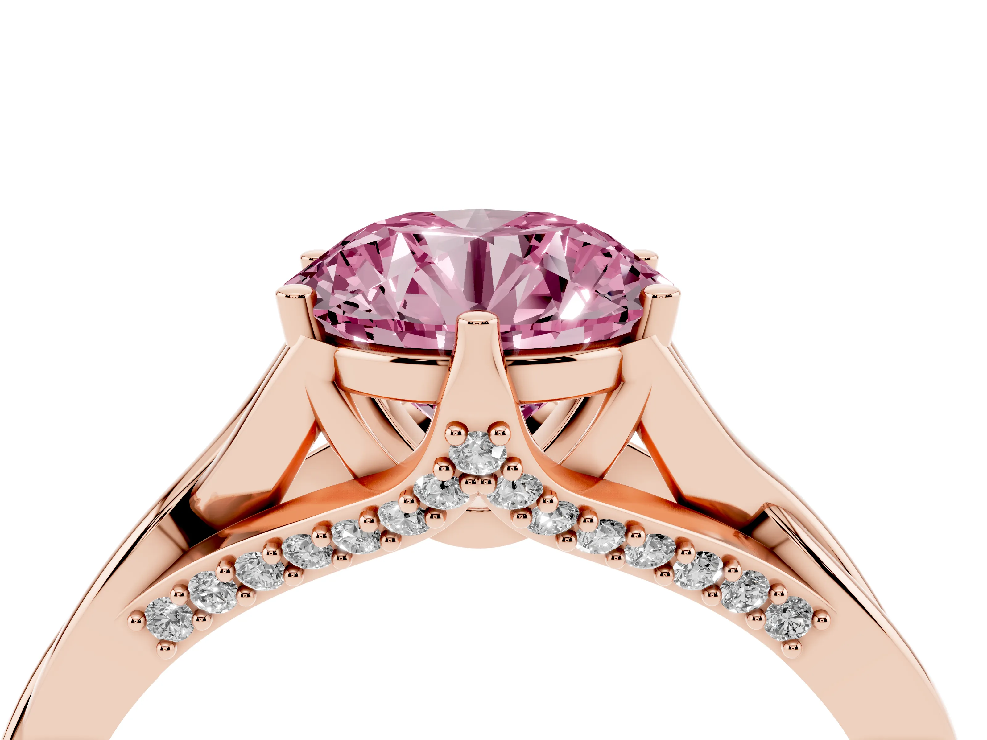 Fancy Pink Round Cut Diamond Intertwined Twist Band Solitaire Ring Set in Rose gold with Prong Setting