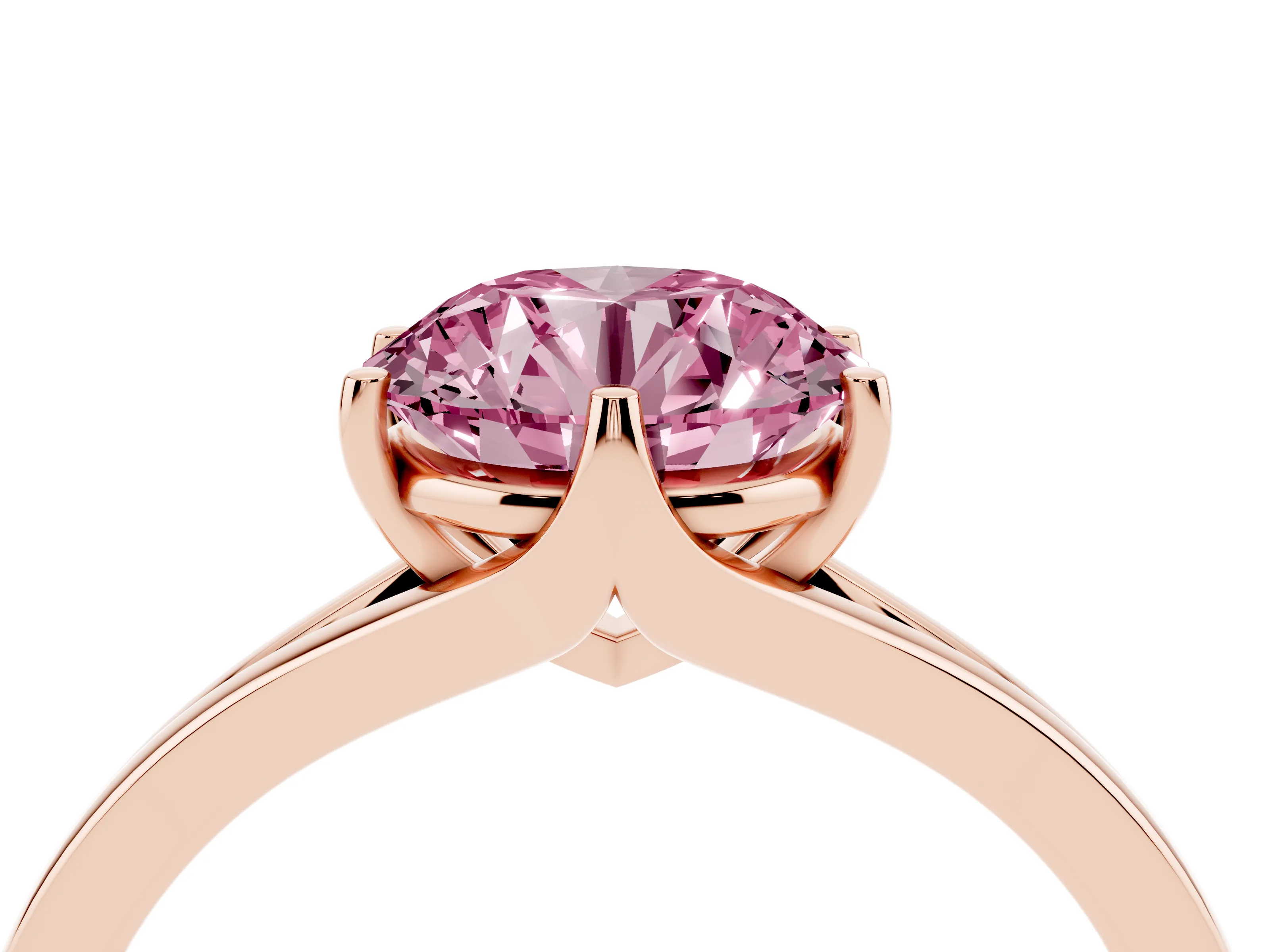 Fancy Pink Round Cut Diamond Solitaire Ring Set in Rose gold with Polished Tapered Band and Prong Setting