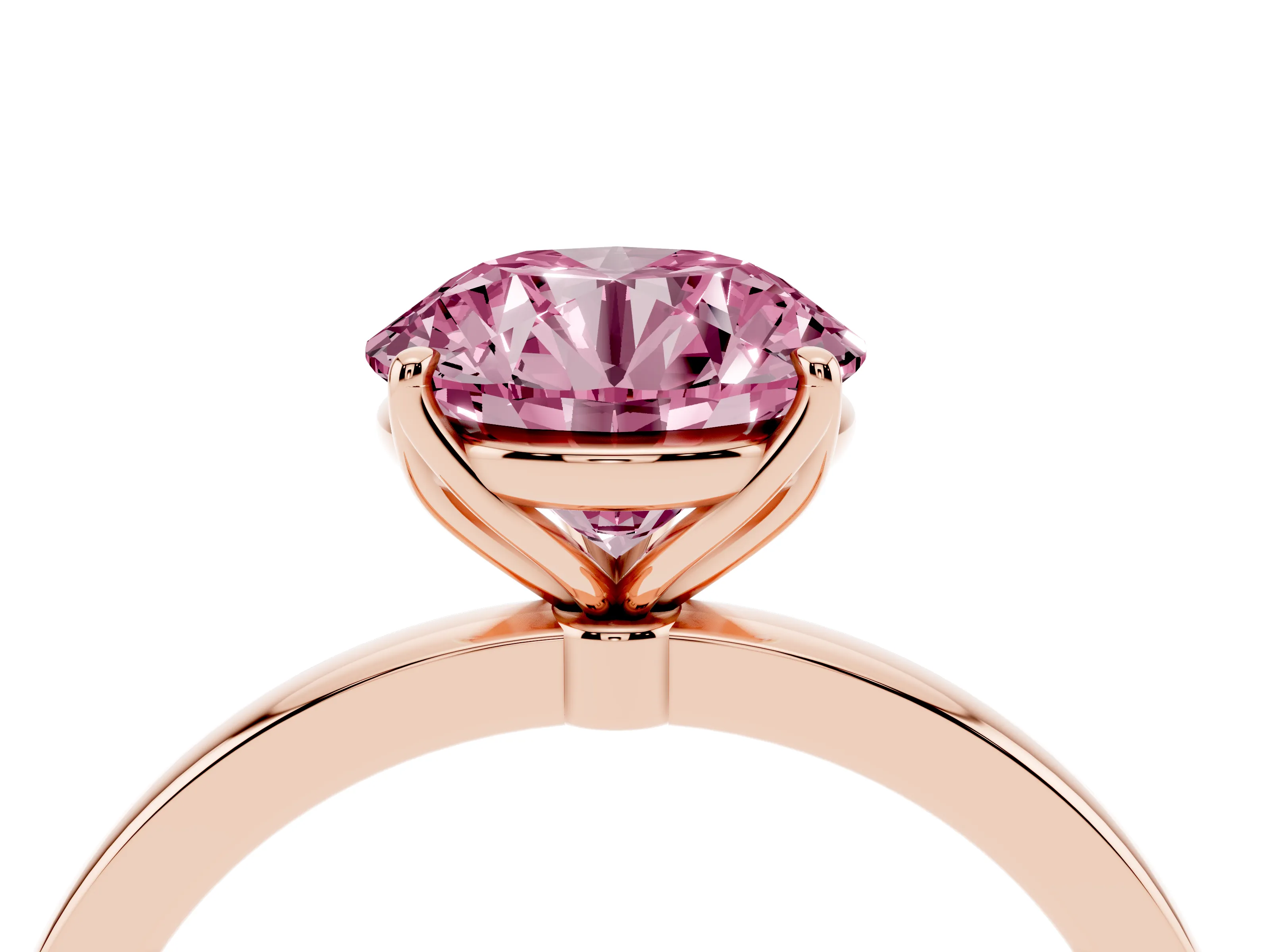 Fancy Pink Round Cut Diamond Solitaire Ring Set in Rose gold with Prong Setting and Thin Polished Band