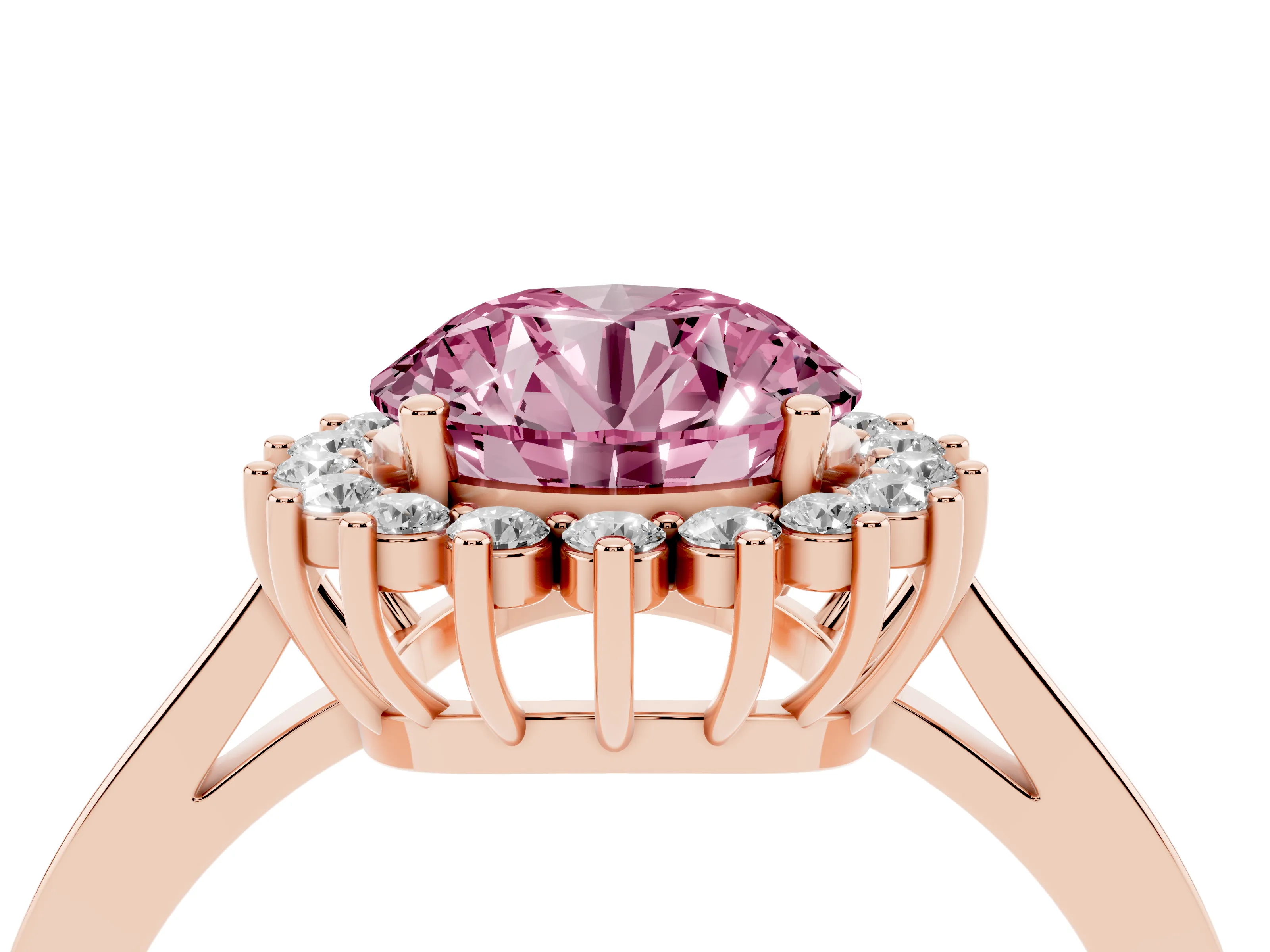 Fancy Pink Round Cut Diamond Halo Ring Set in Rose gold with Round Halo and Smooth Solitaire Band