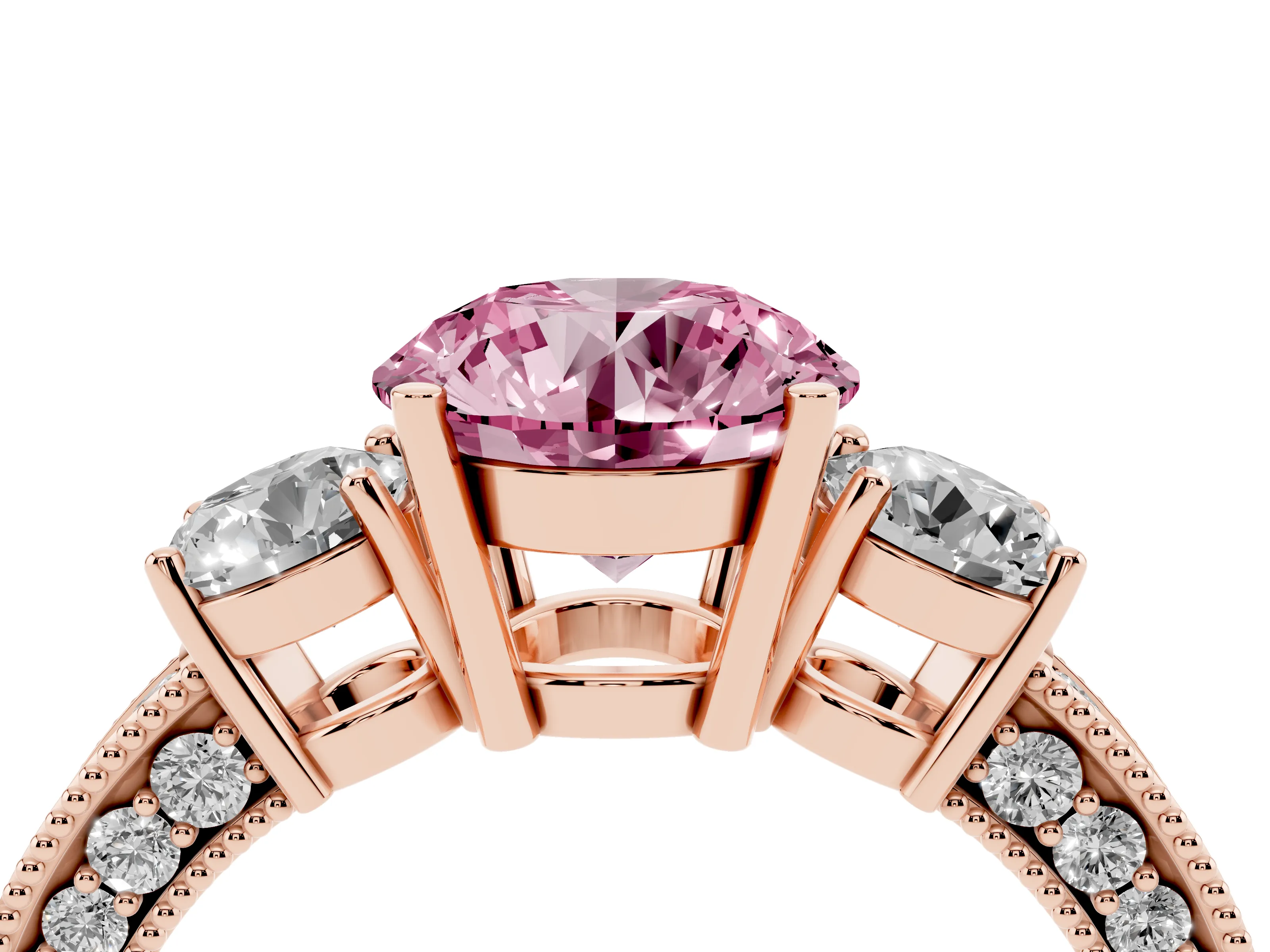 Fancy Pink Round Cut Diamond Three-Stone Ring Set in Rose gold with Round Side Stones and Pavé Band