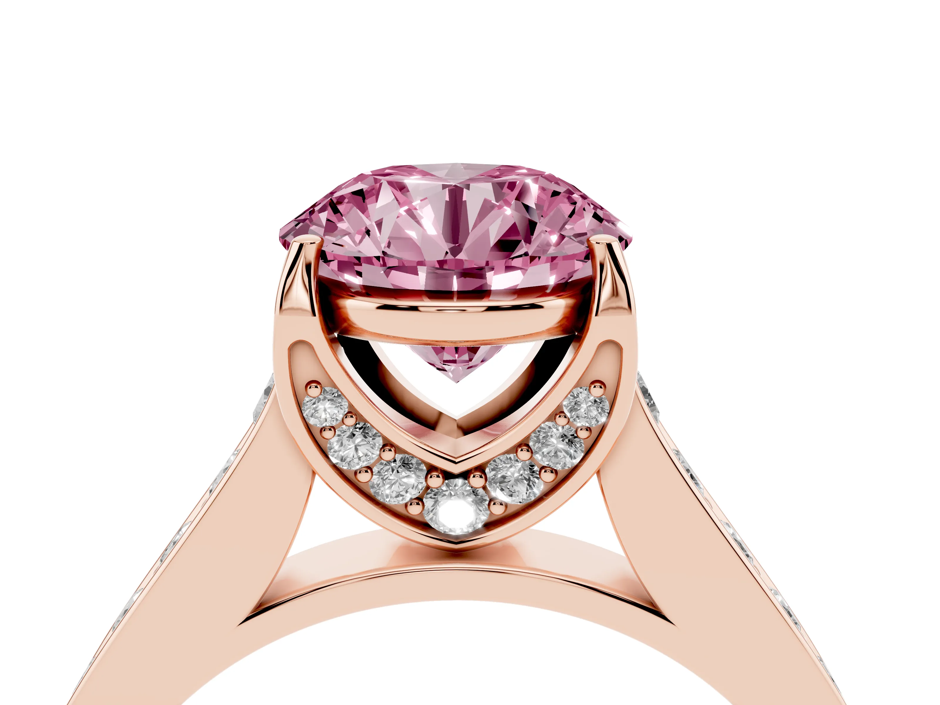 Fancy Pink Round Cut Diamond Solitaire Pavé Engagement Ring Set in Rose gold with Prong Setting