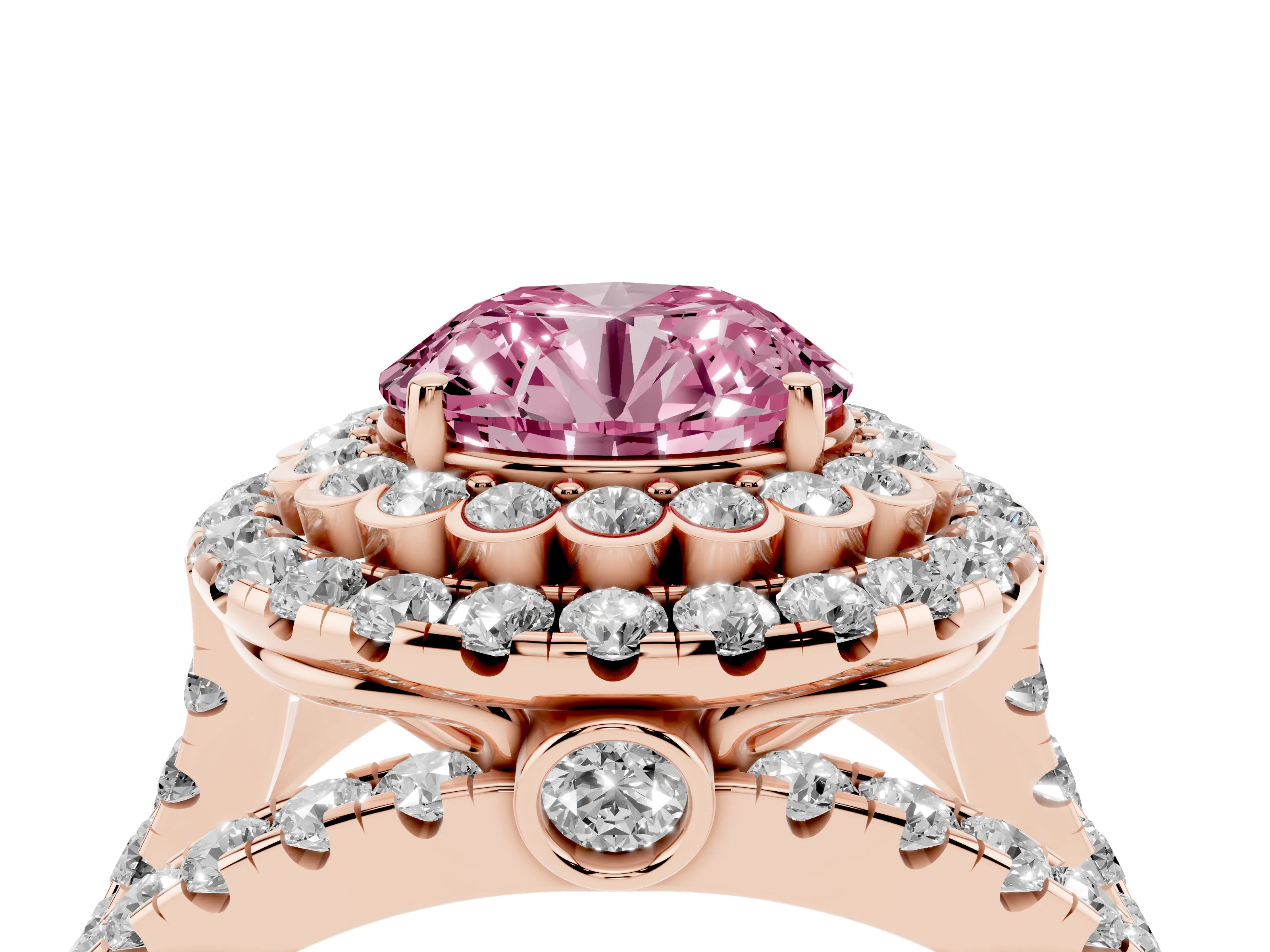 Fancy Pink Round Cut Diamond Double Halo Ring Set in Rose gold with Round Pavé Split Shank