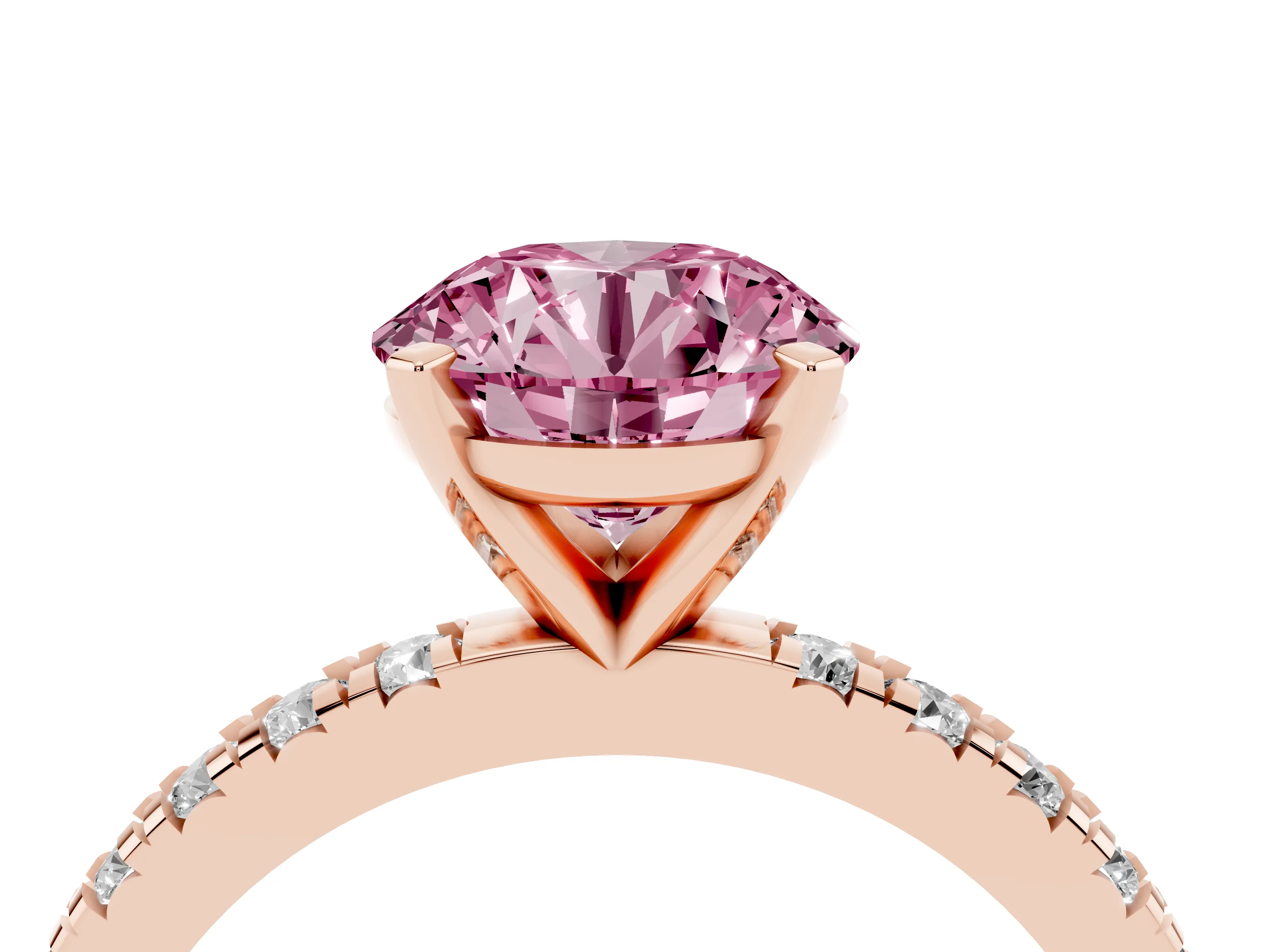 Fancy Pink Round Cut Diamond Pavé Band Solitaire Set in Rose gold with Prong Setting