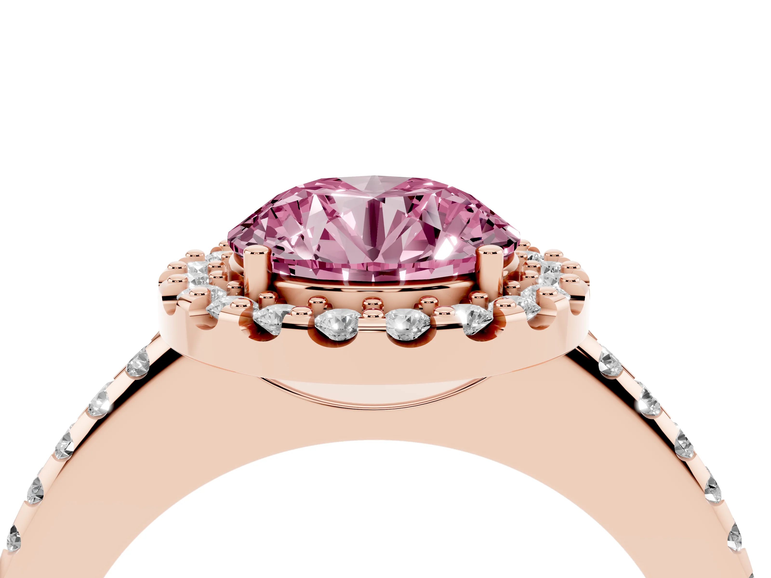 Fancy Pink Round Cut Diamond Pavé Halo Ring Set in Rose gold with Prong Setting