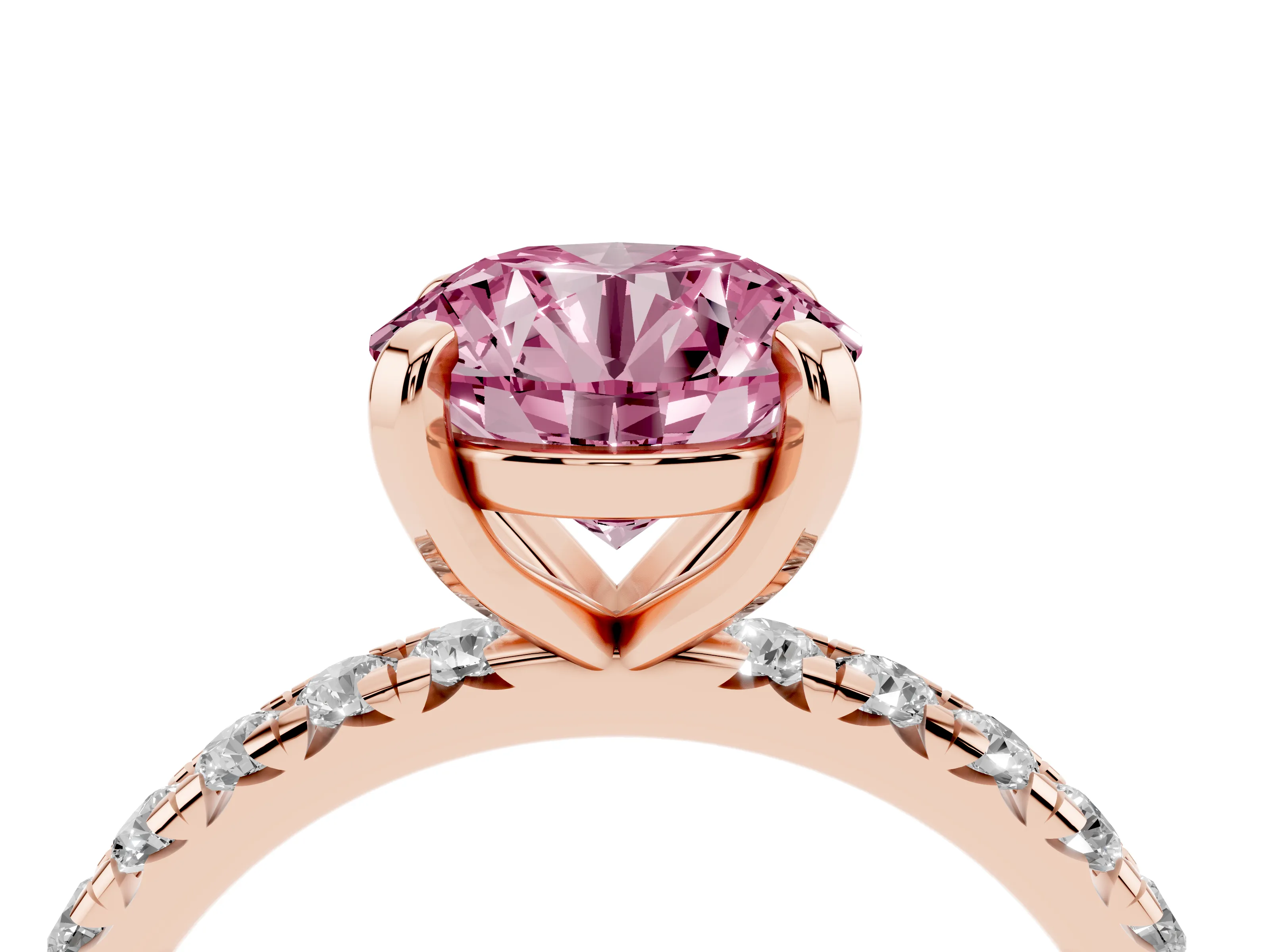 Fancy Pink Round Cut Diamond Pavé Solitaire Ring Set in Rose gold with Round Band and Prong Setting