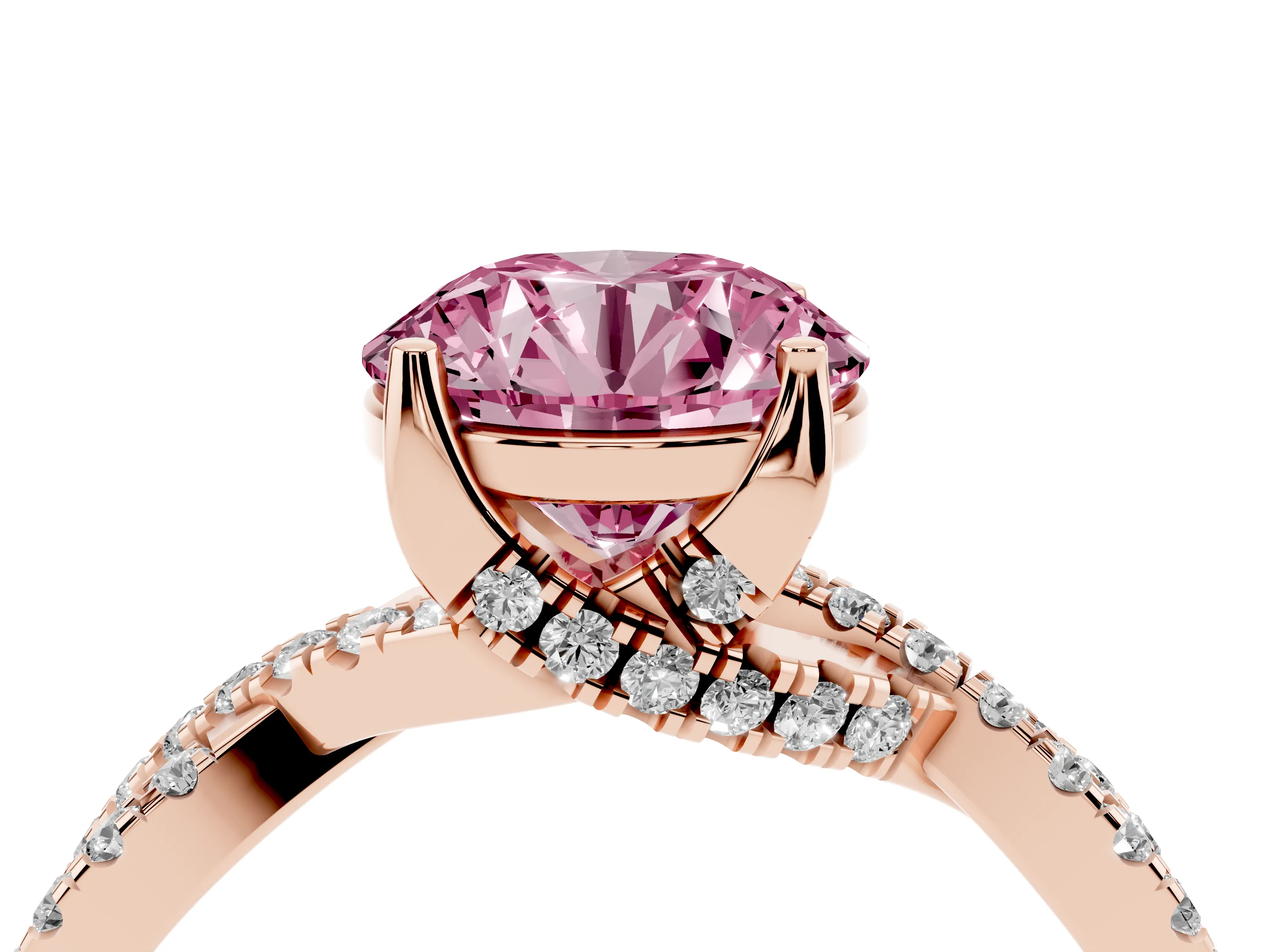Fancy Pink Round Cut Diamond Twist Pavé Solitaire Engagement Ring Set in Rose gold with Prong Setting