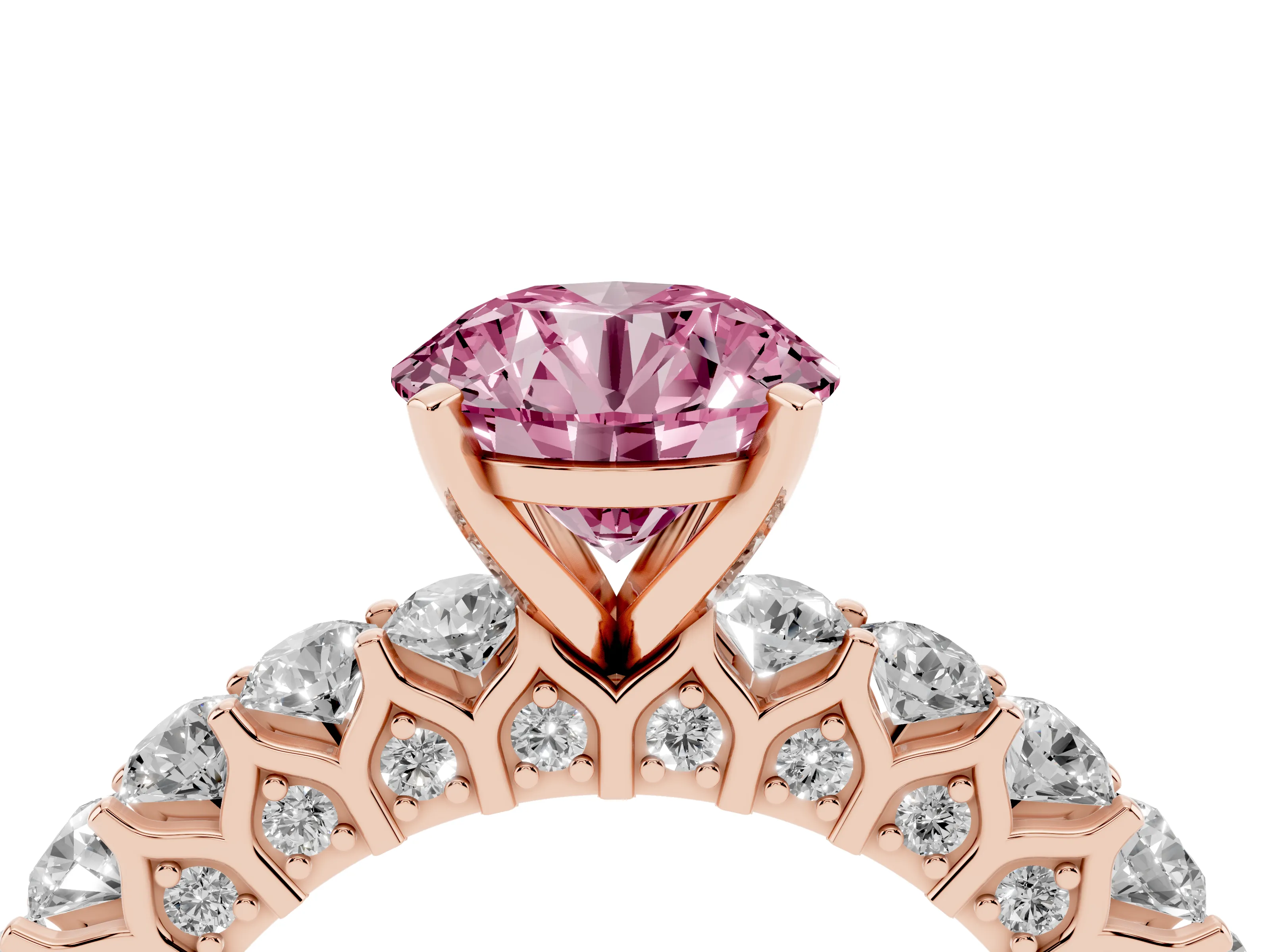 Fancy Pink Round Cut Diamond Solitaire Ring Set in Rose gold with Shared Prong Pavé Band