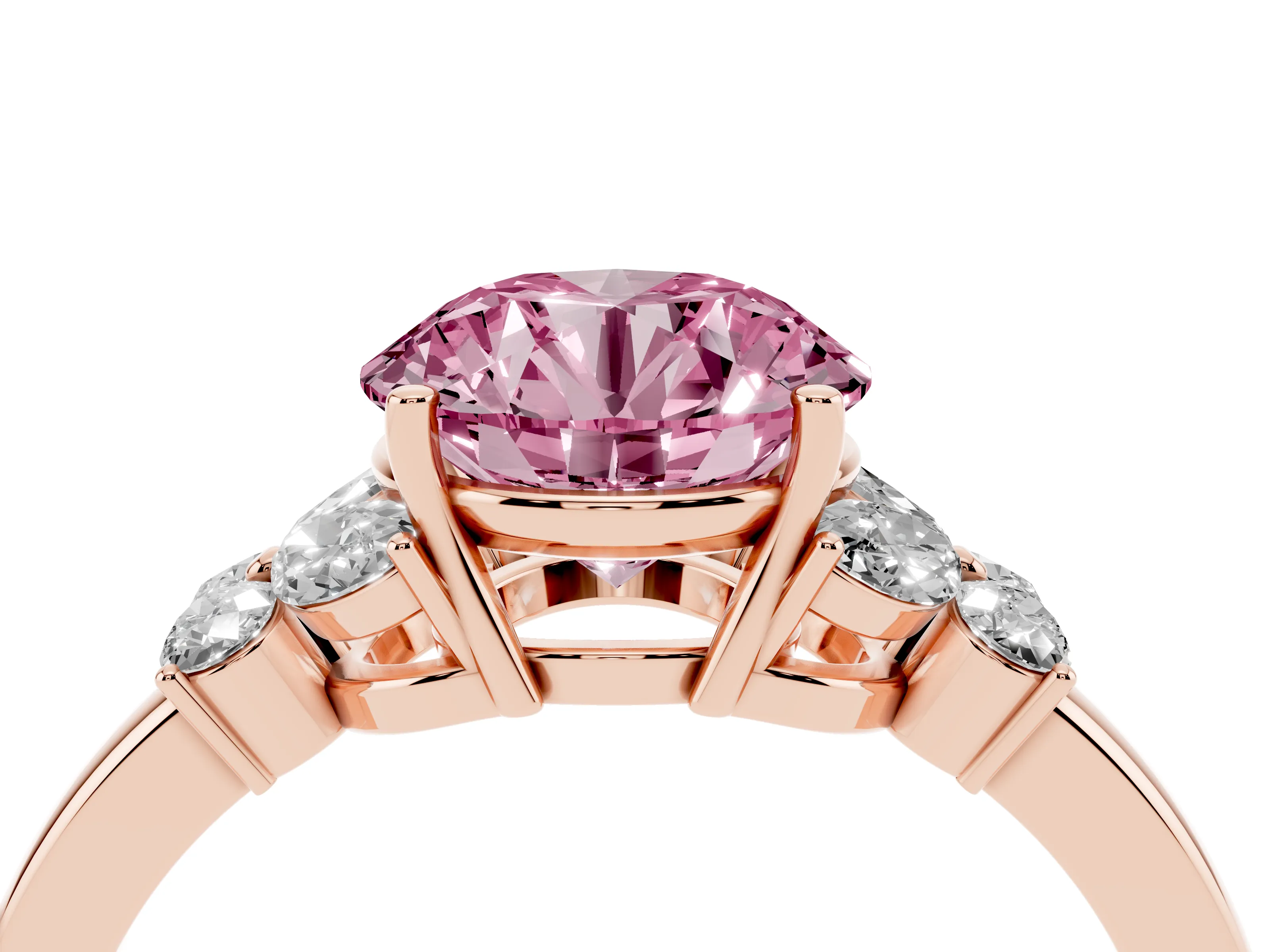 Fancy Pink Round Cut Diamond Solitaire Floral Ring Set in Rose gold with Marquise Petals and Prong Setting