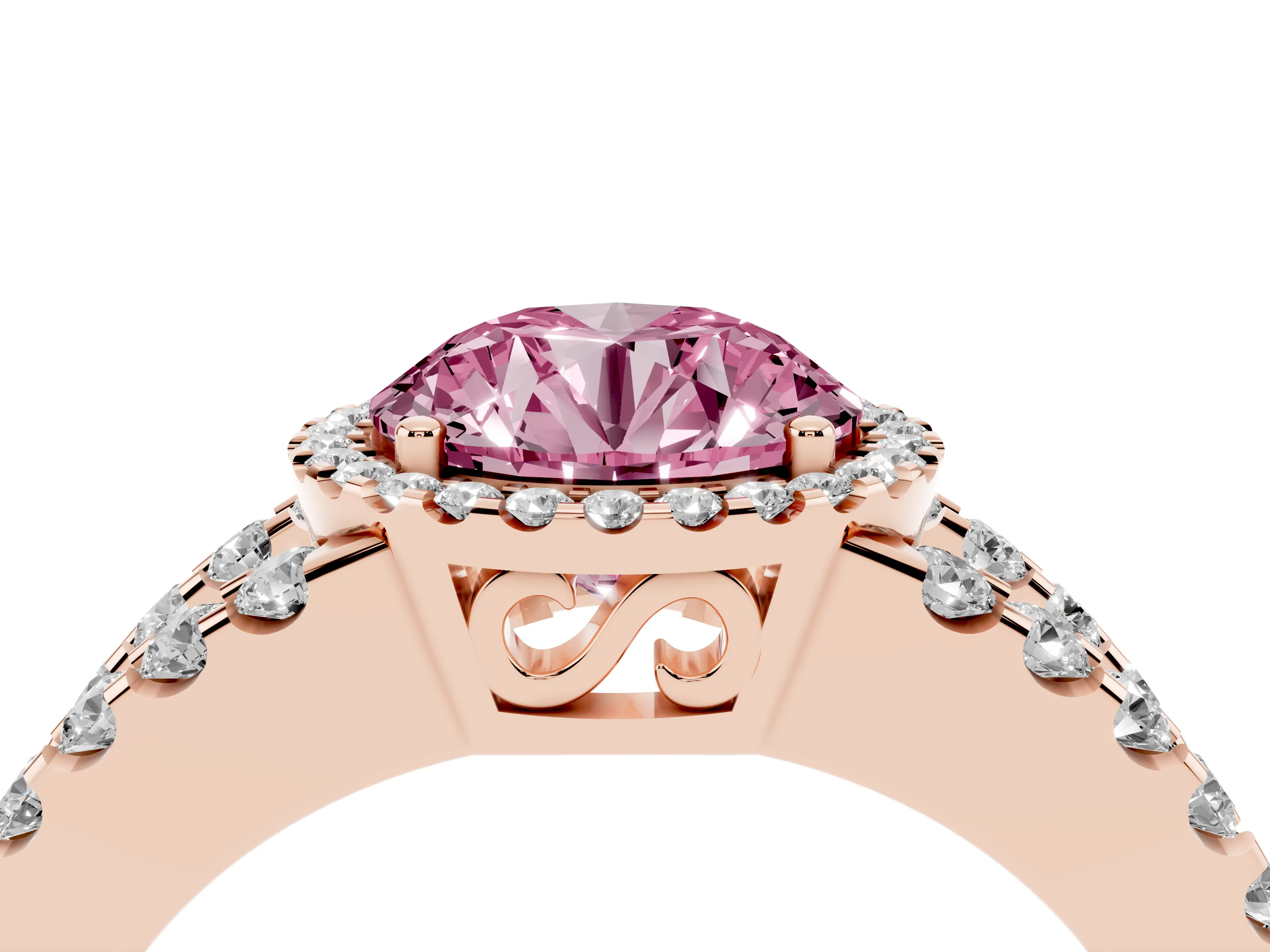 Fancy Pink Round Cut Diamond Halo Ring Set in Rose gold with Pavé Split Shank and Prong Setting