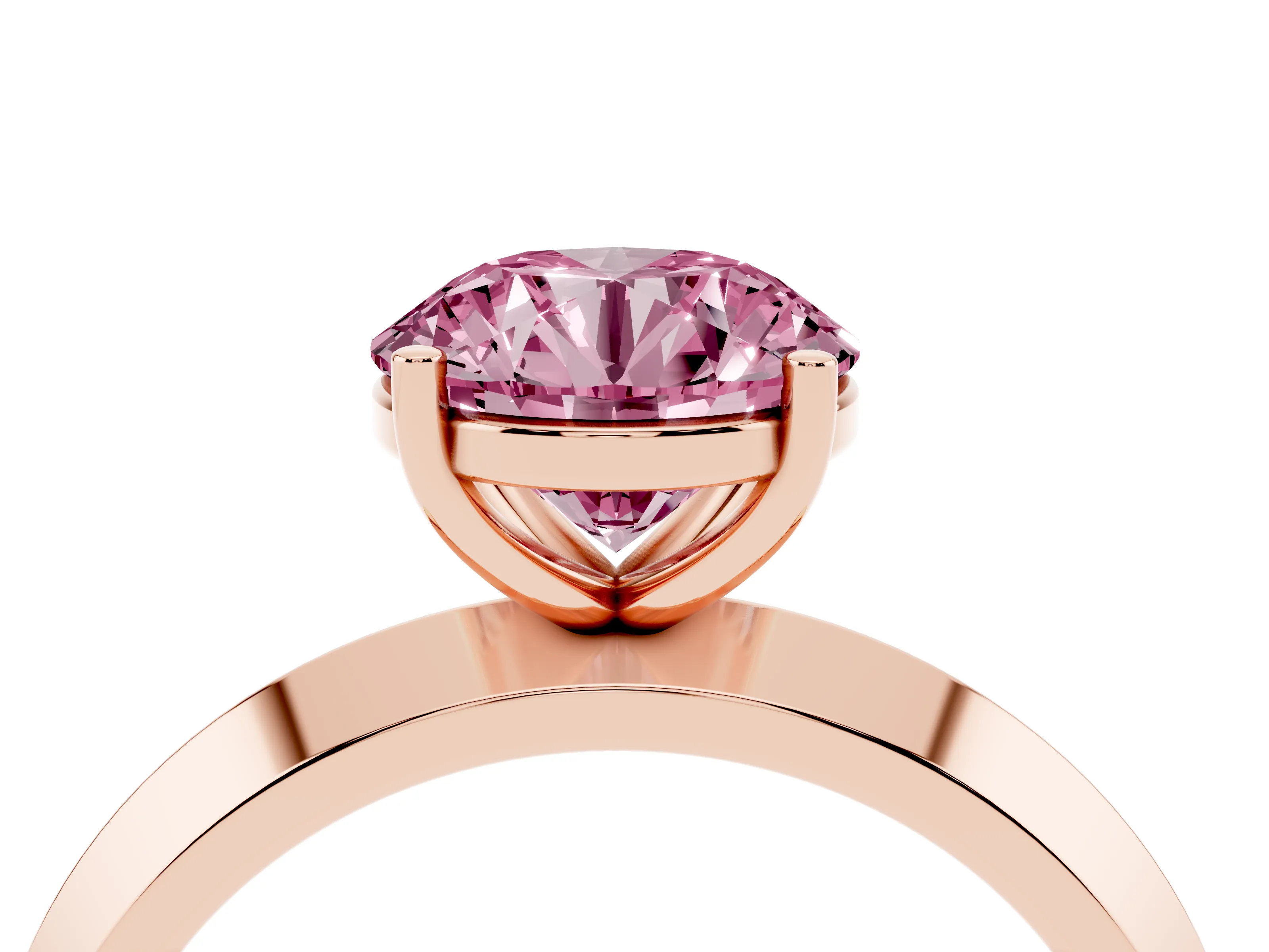 Fancy Pink Round Cut Diamond Solitaire Engagement Ring Set in Rose gold with Flat Band and Prong Setting