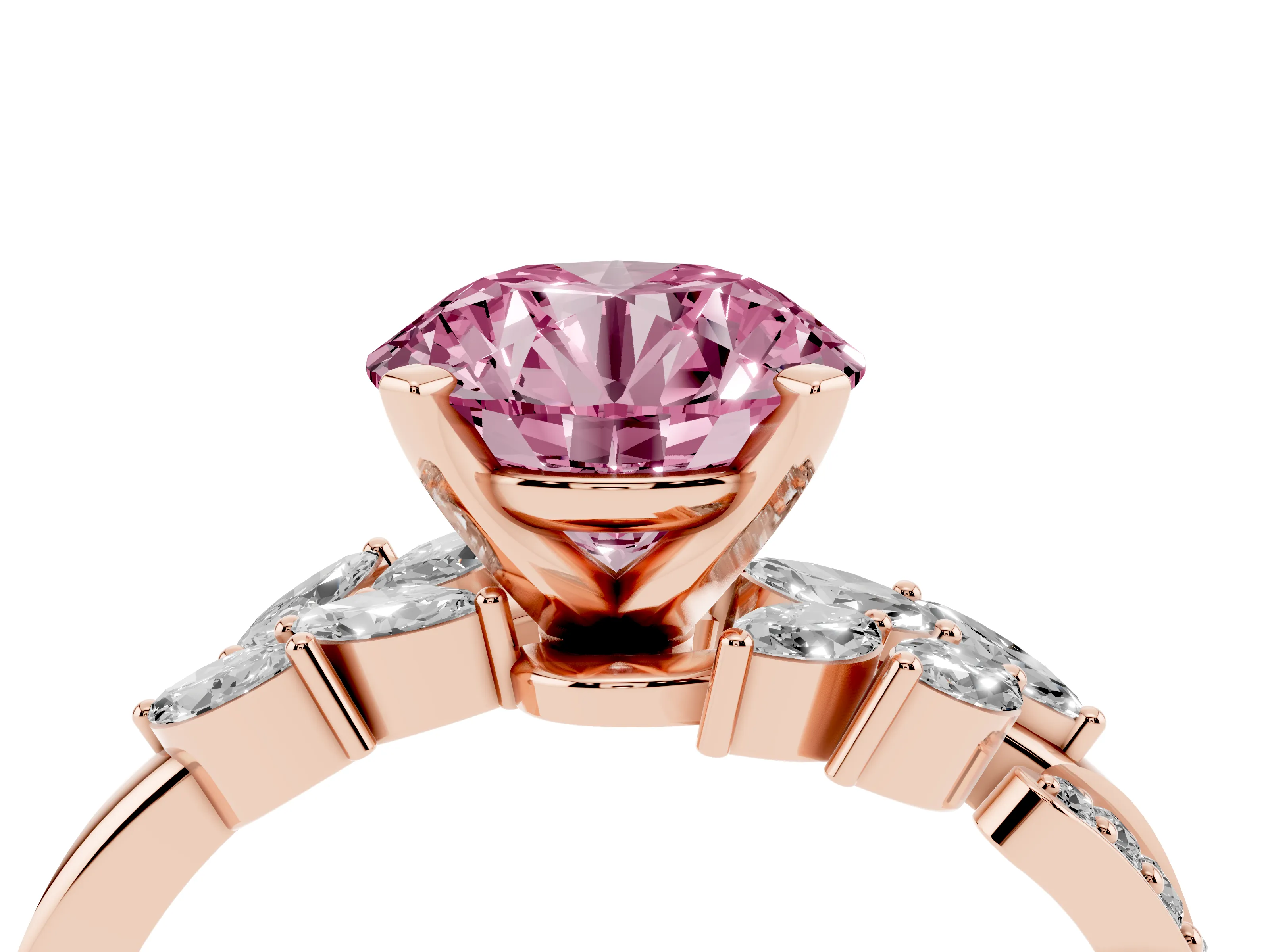 Fancy Pink Round Cut Diamond Solitaire Ring Set in Rose gold with Marquise Twist Band and Prong Setting