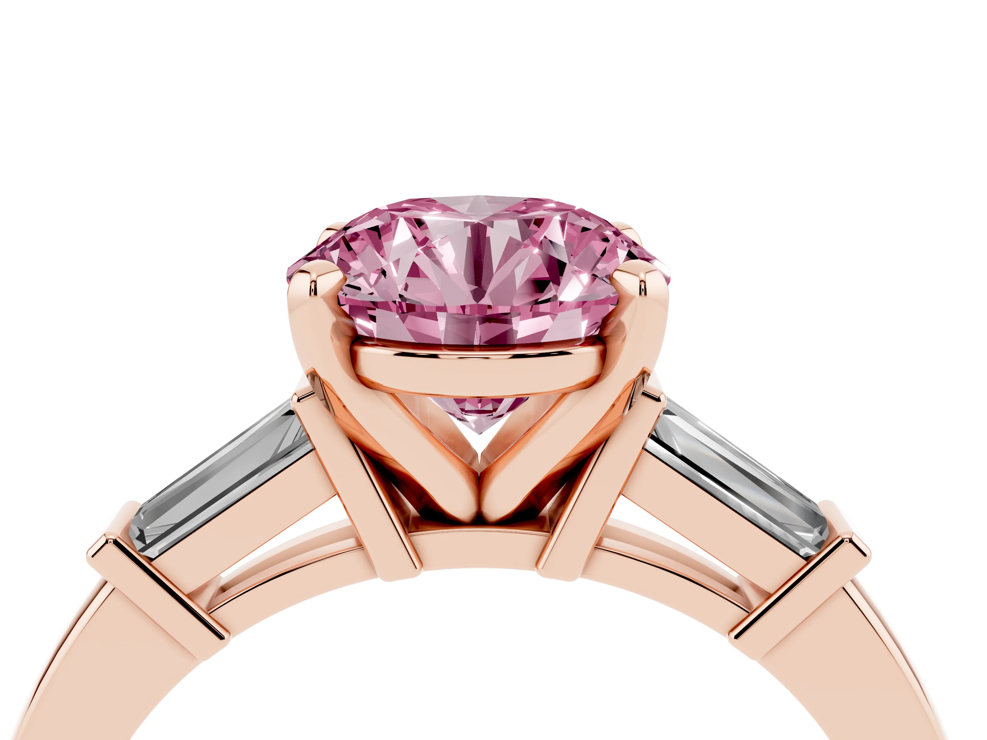 Fancy Pink Round Cut Diamond Solitaire Ring Set in Rose gold with Tapered Baguette Accents and Prong Setting