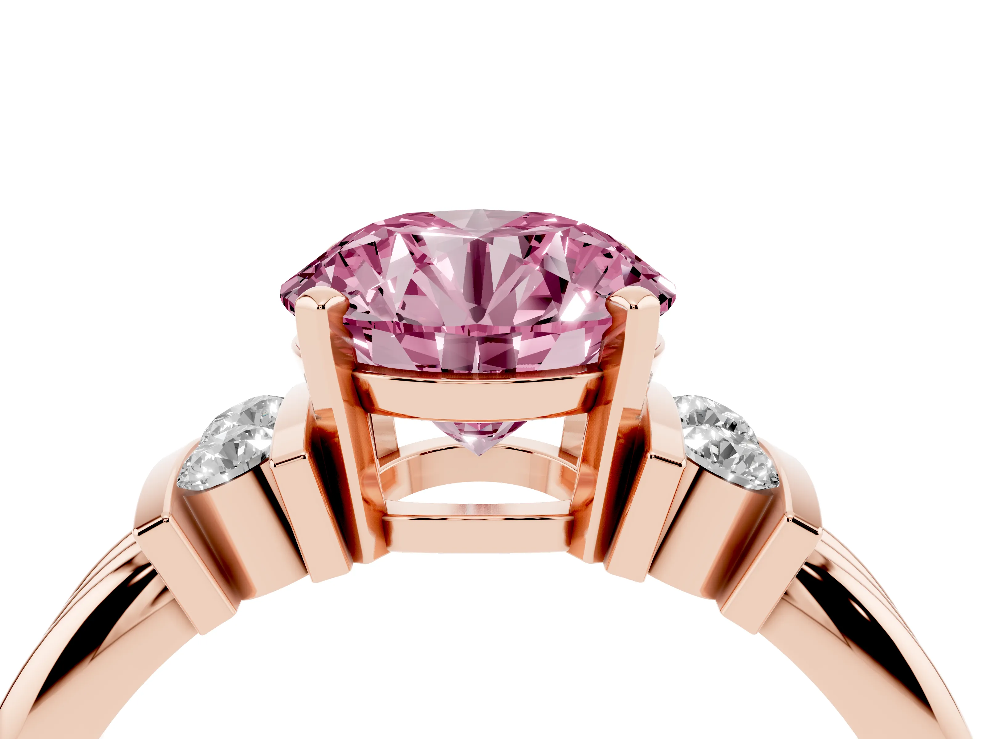Fancy Pink Three-Stone Round Cut Diamond Channel Set Ring Set in Rose gold with Bar Prongs