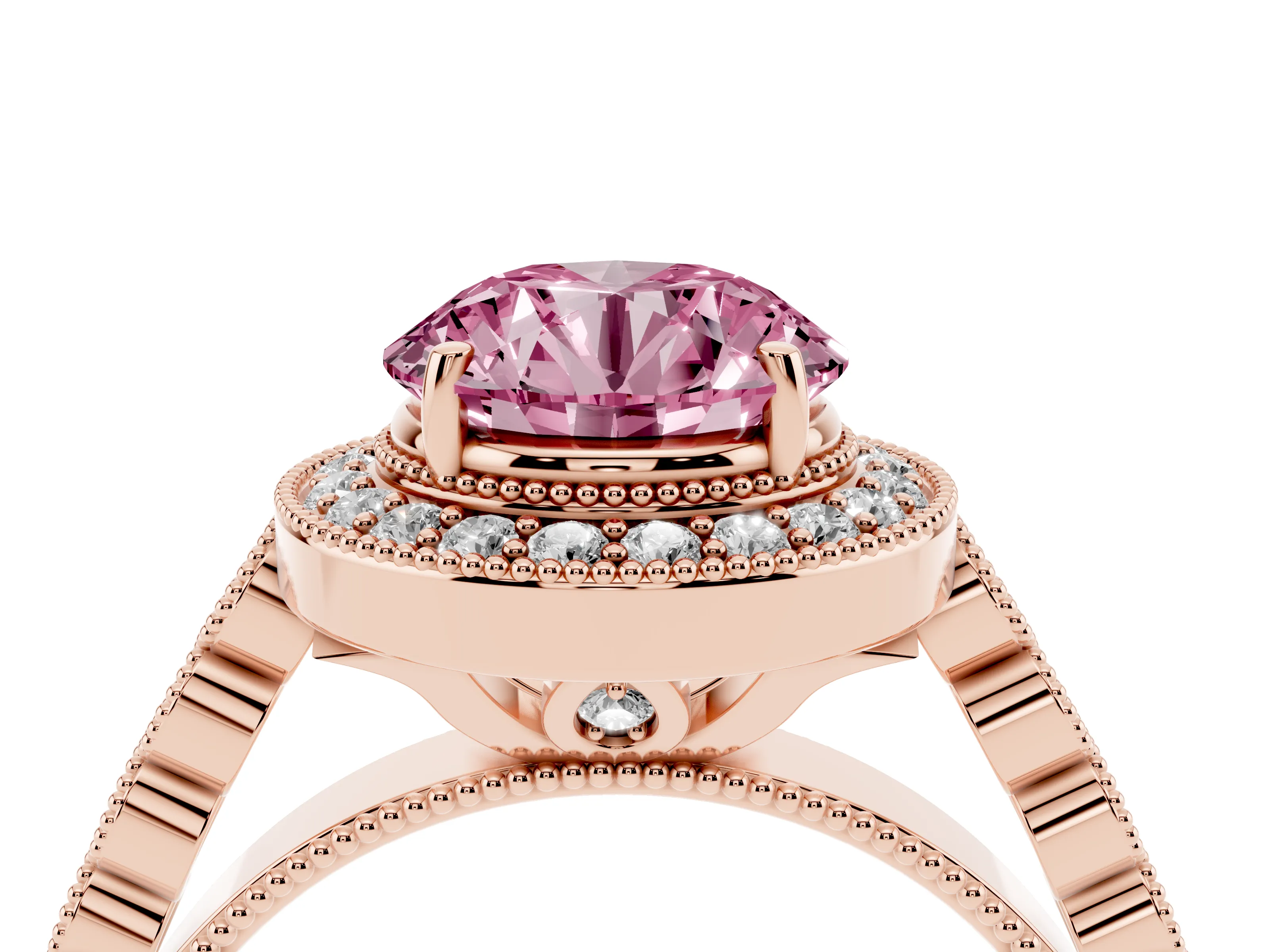 Fancy Pink Round Cut Diamond Milgrain Halo Solitaire Ring Set in Rose gold with Bezel Set Side Stones and Pavé Band