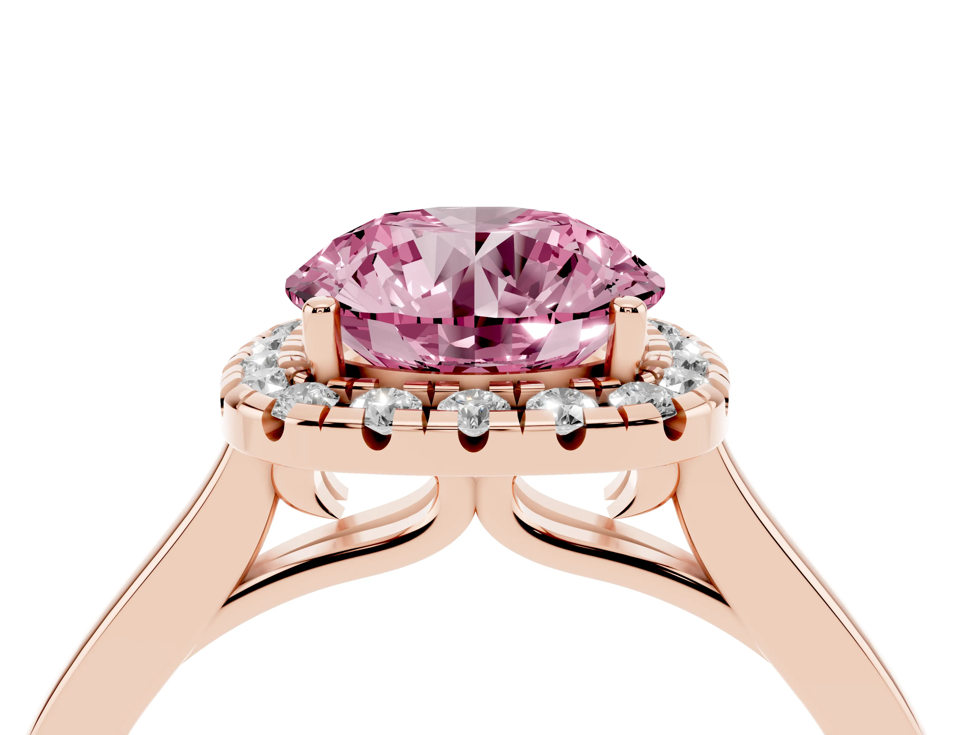Fancy Pink Round Cut Halo Round Diamond Solitaire Ring Set in Rose gold with Pavé Band and Prong Setting