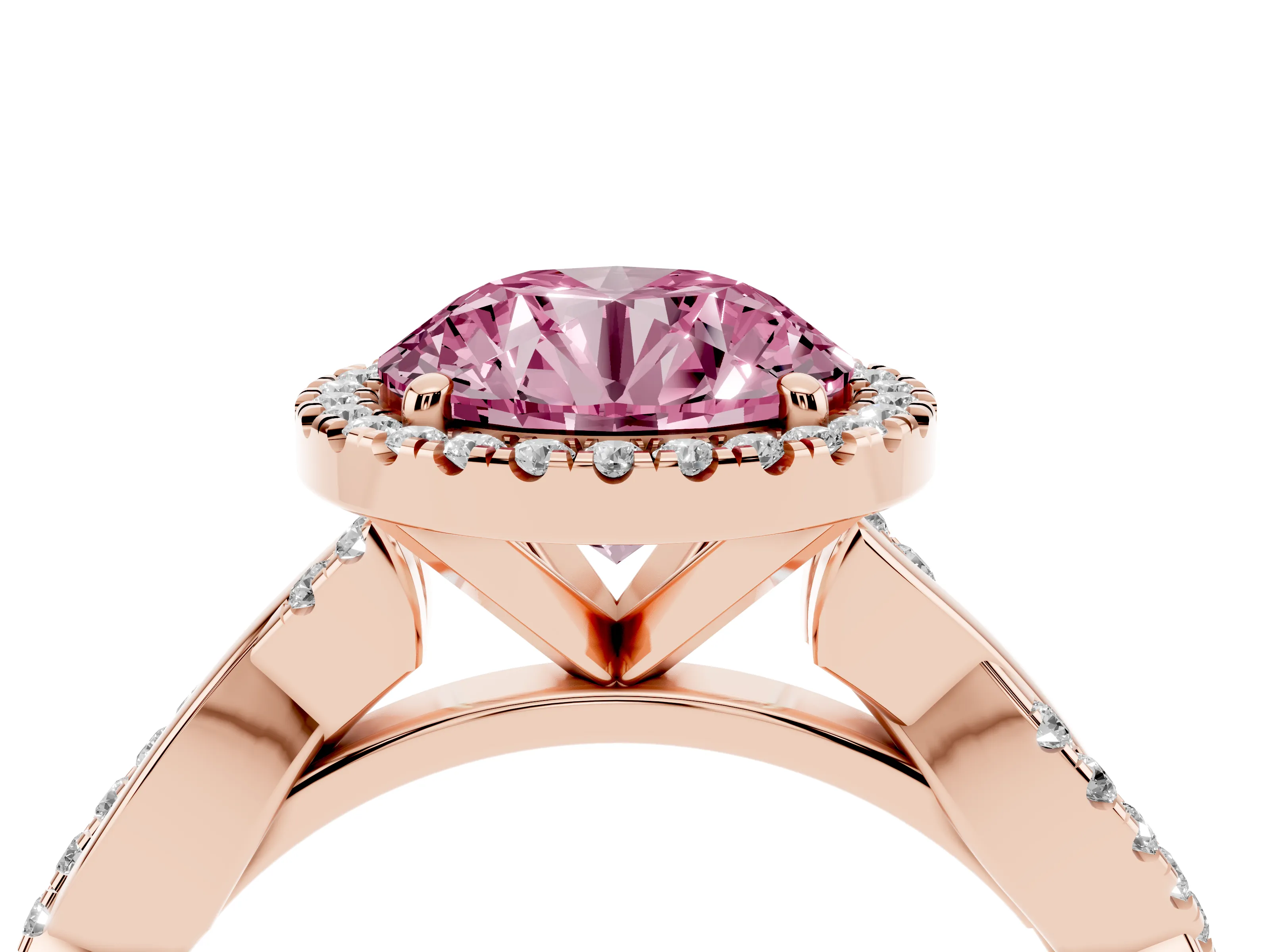 Fancy Pink Round Cut Diamond Halo Twisted Band Ring Set in Rose gold with Prong Setting