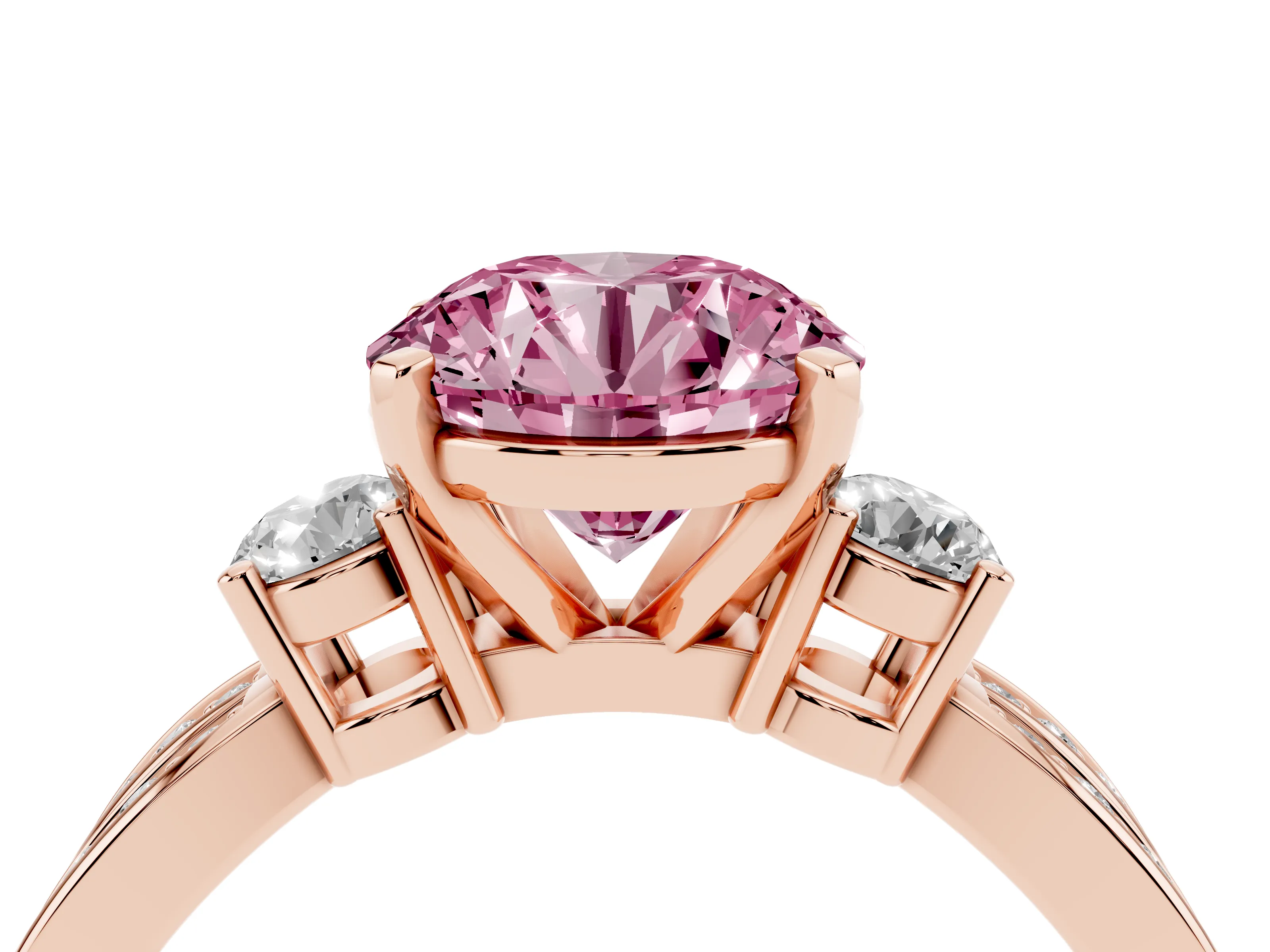 Fancy Pink Three-Stone Round Cut Diamond Twist Band Ring Set in Rose gold with Pavé Accents and Prong Setting