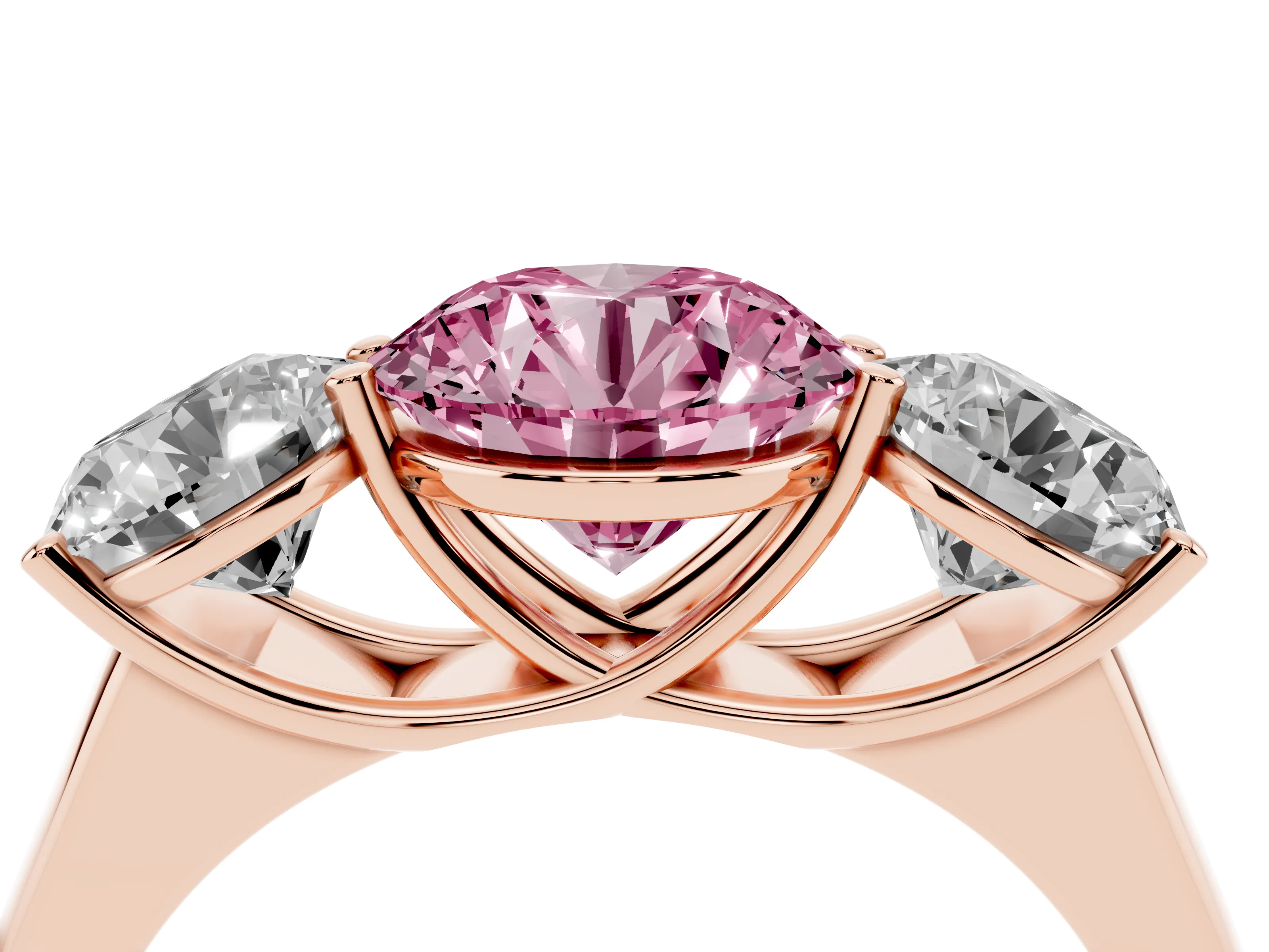 Fancy Pink Round Cut Diamond Three-Stone Ring Set in Rose gold with Plain Polished Band