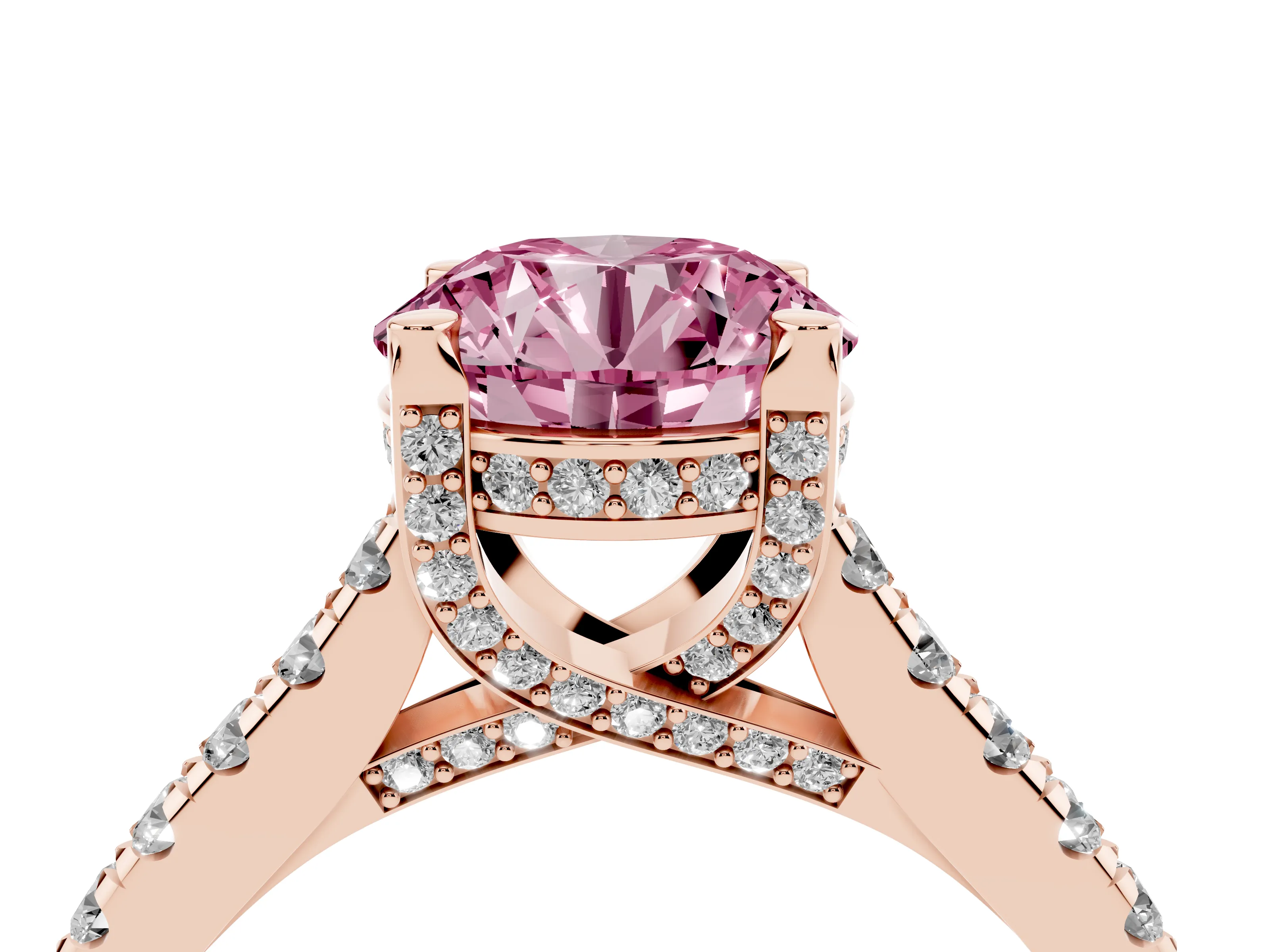 Fancy Pink Round Cut Diamond Solitaire Ring Set in Rose gold with Brilliant Pavé Band and Prong Setting