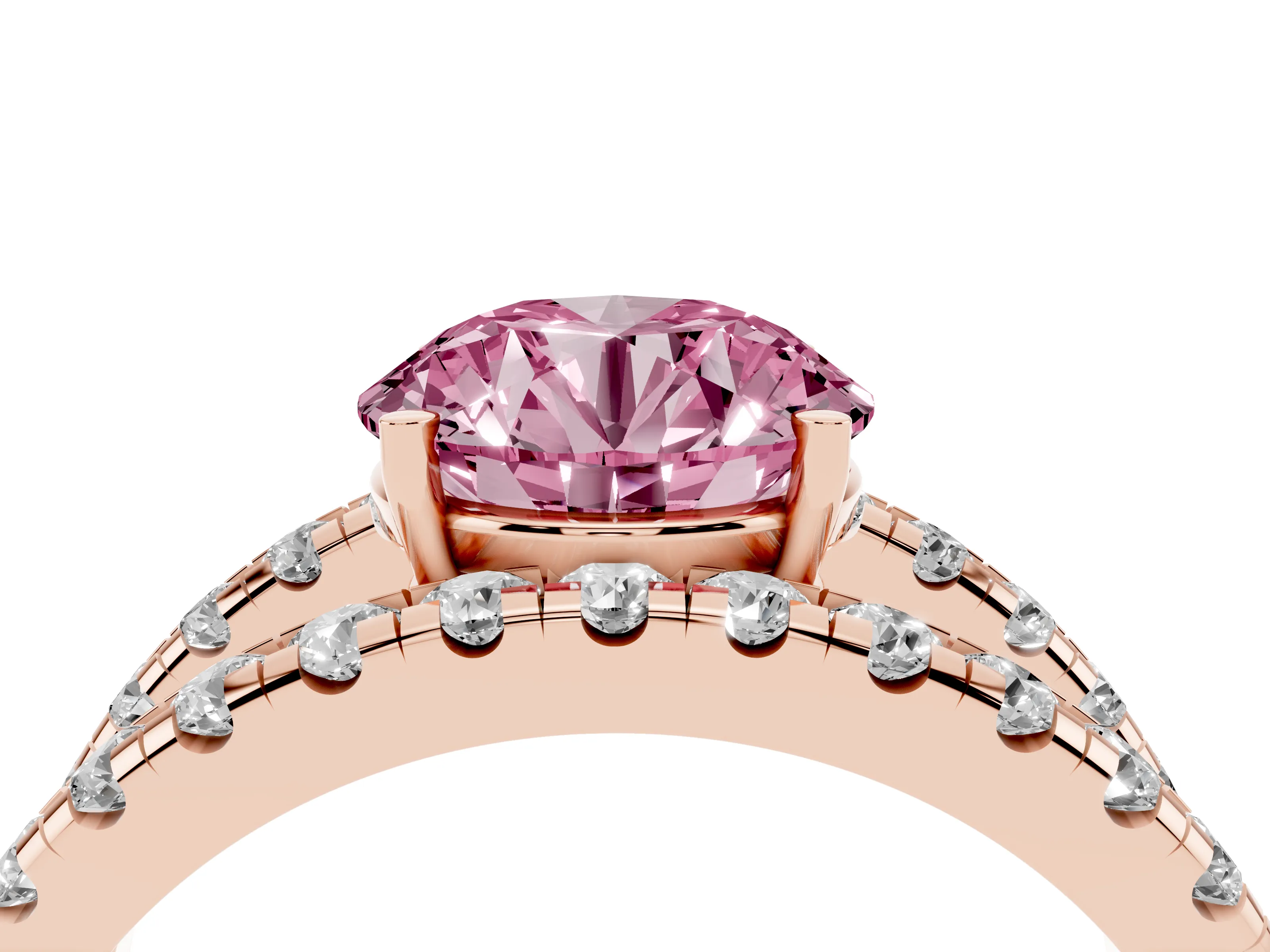 Fancy Pink Round Cut Diamond Split Shank Pavé Solitaire Ring Set in Rose gold with Open Shank Design