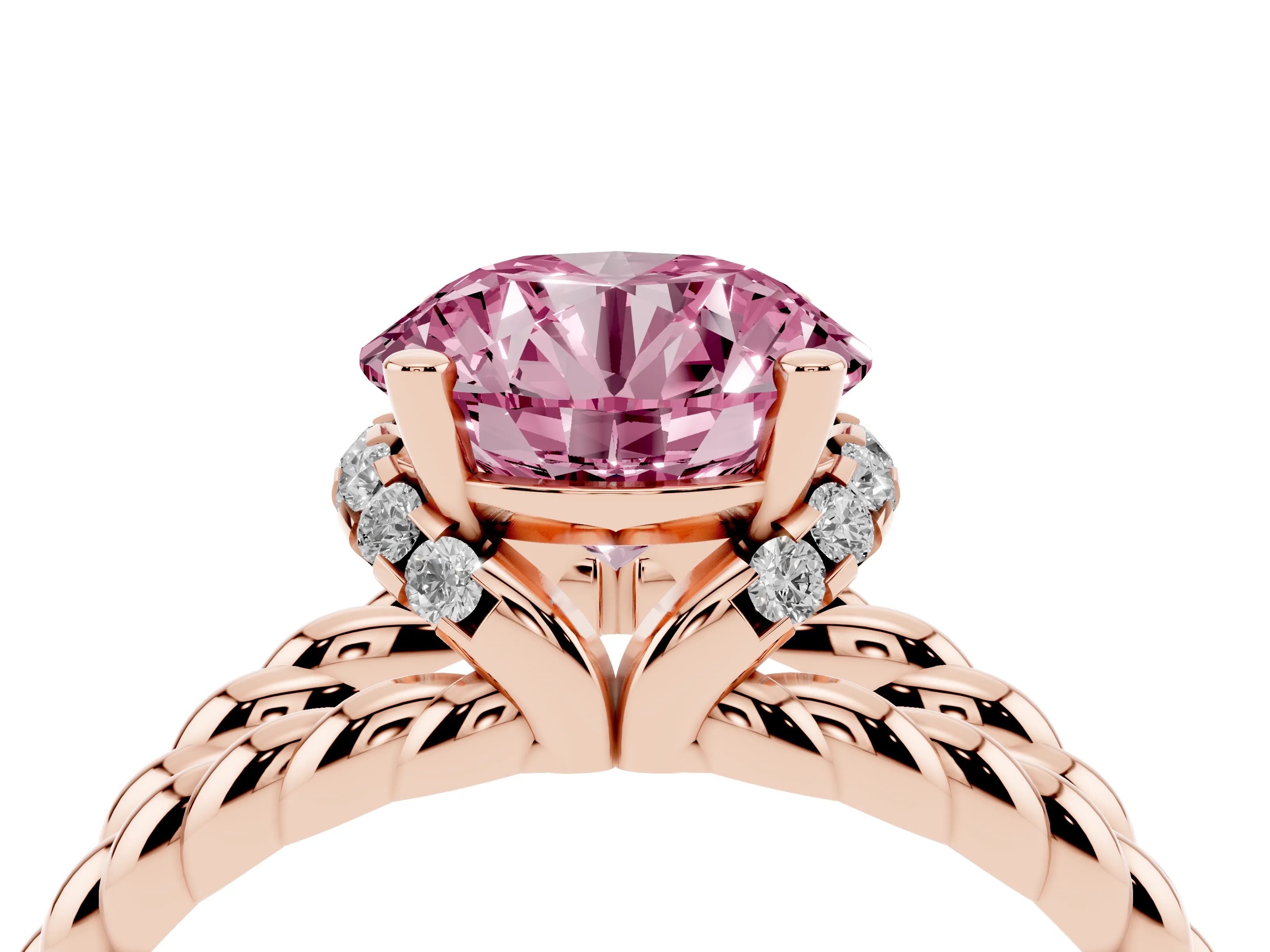 Fancy Pink Round Cut Diamond Halo Ring Set in Rose gold with Twisted Band and Prong Setting