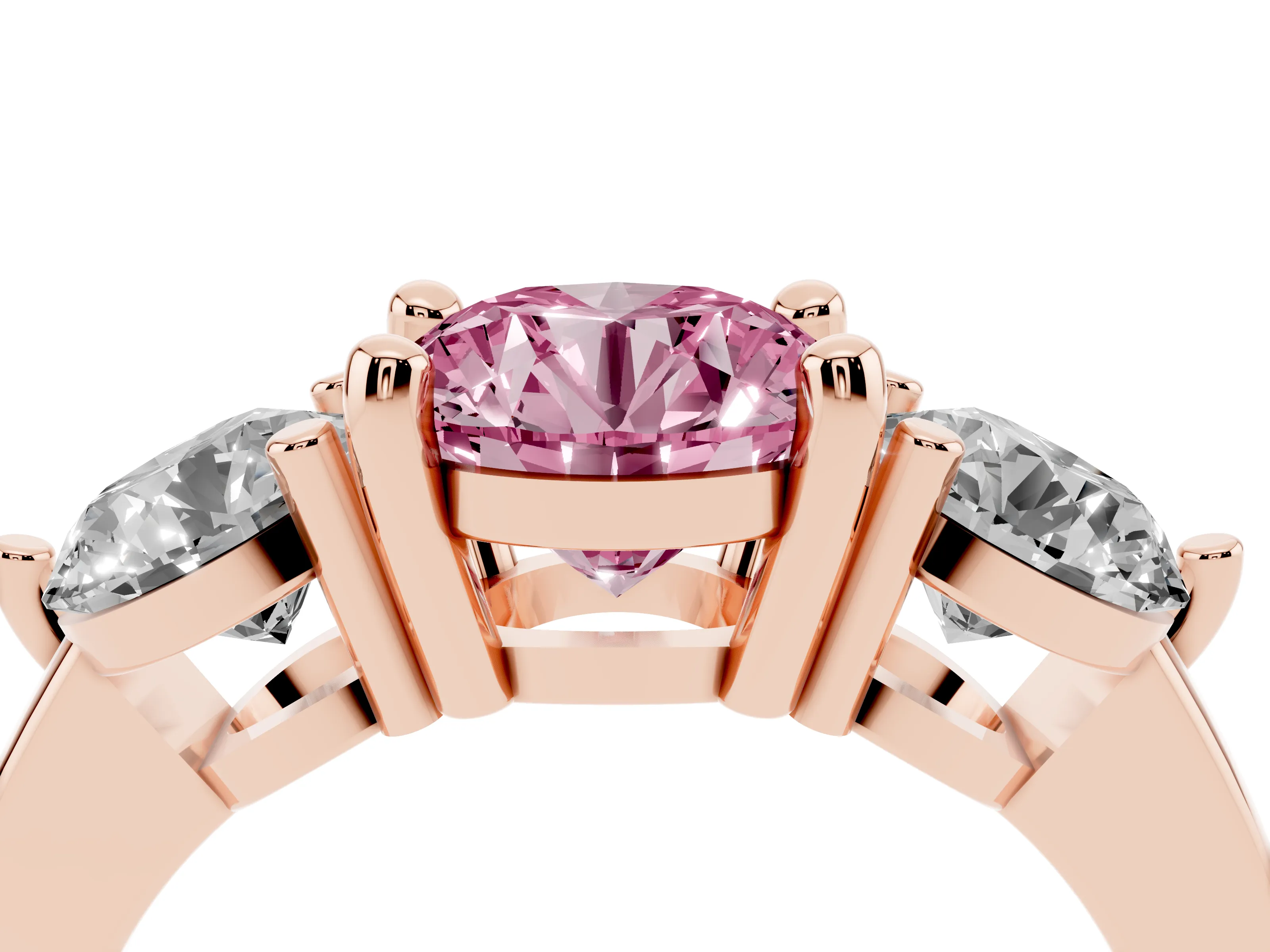 Fancy Pink Round Cut Diamond Three-Stone Ring Set in Rose gold with Prong Setting and Classic Band