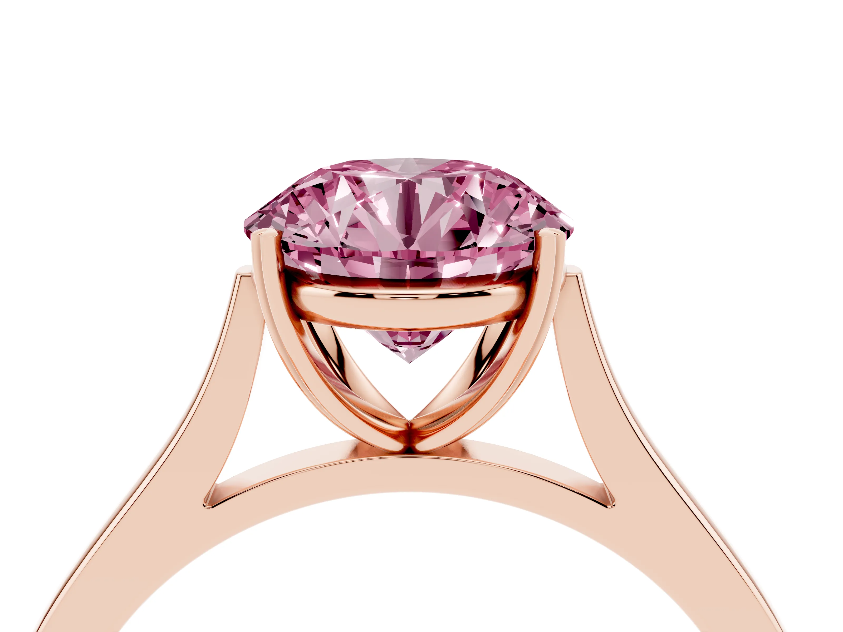Fancy Pink Round Cut Diamond Solitaire Heart Prong Engagement Ring Set in Rose gold with Tapered Band