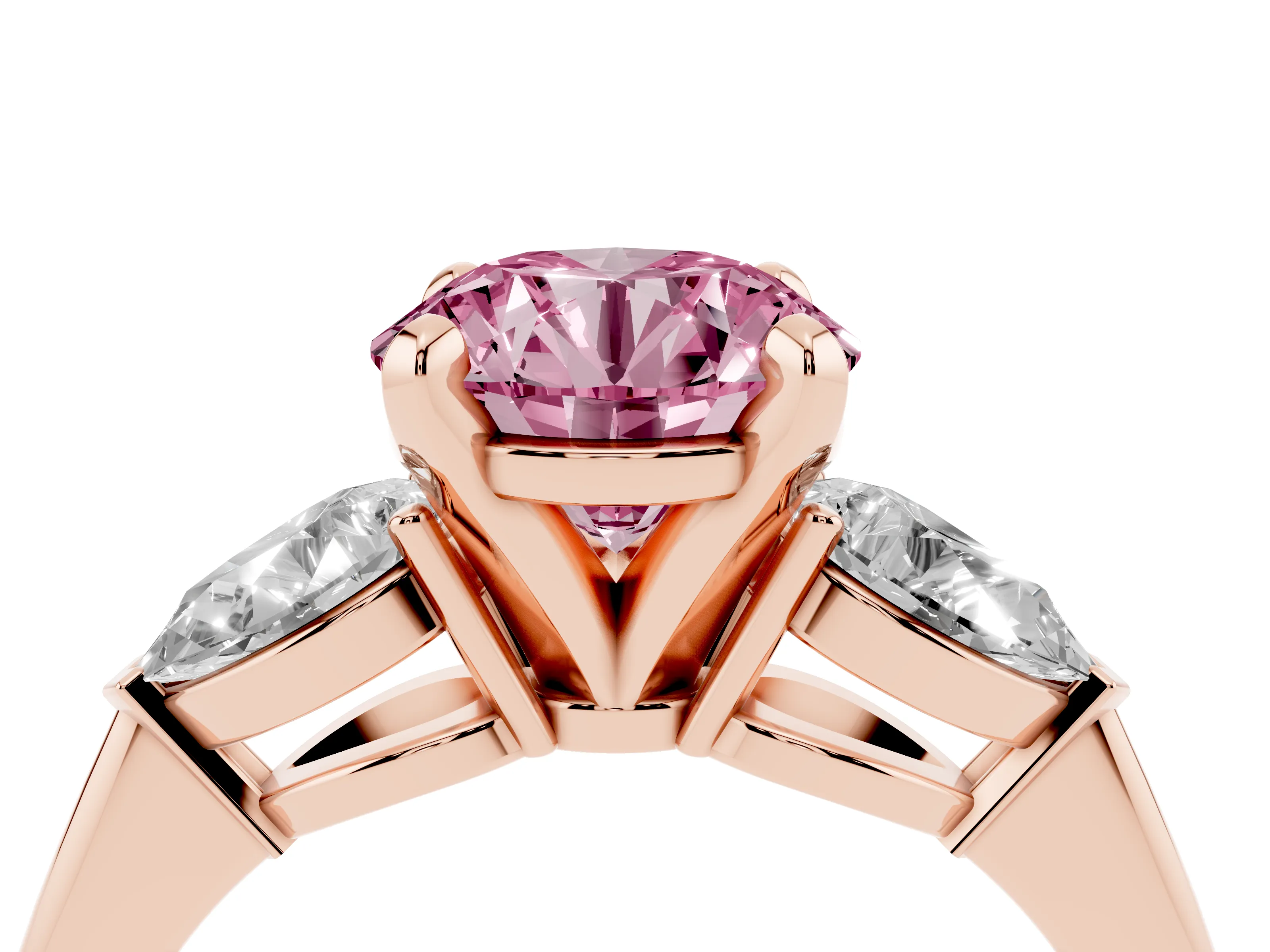 Fancy Pink Three-Stone Round Cut Diamond Ring Set in Rose gold with Pear Side Stones and Prong Setting