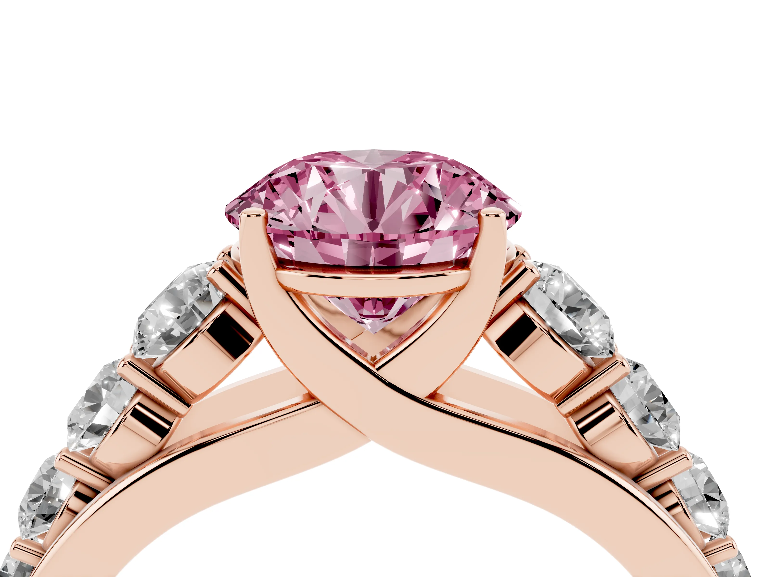 Fancy Pink Round Cut Diamond Solitaire Ring Set in Rose gold with Pavé-Set Band and Prong Setting