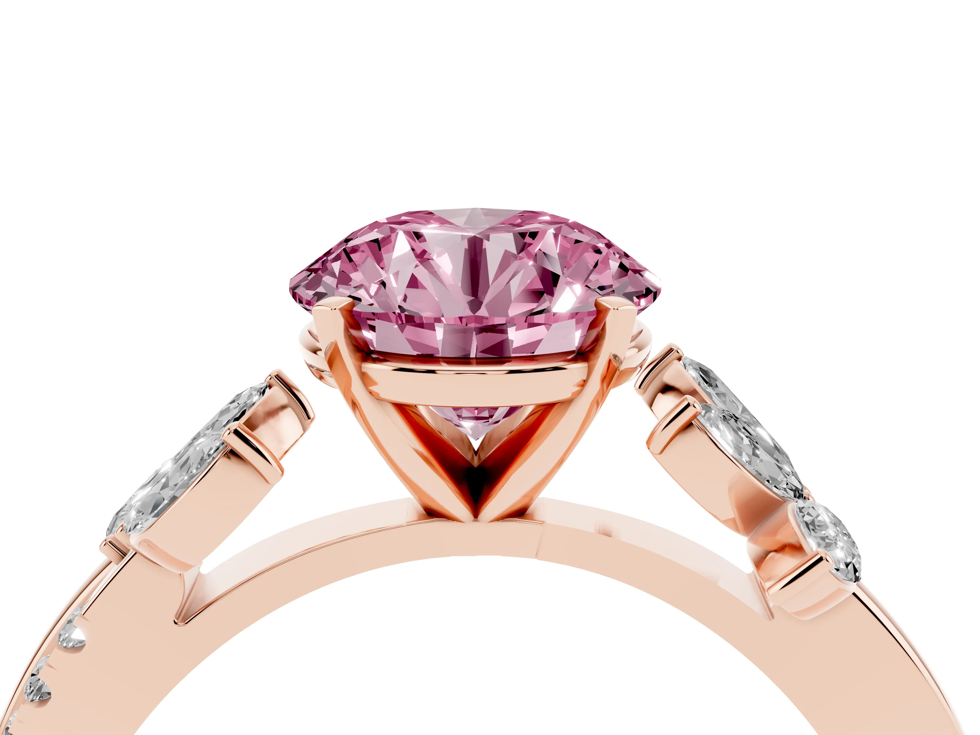 Fancy Pink Round Cut Diamond Floral Vine Solitaire Engagement Ring Set in Rose gold with Marquise Leaves