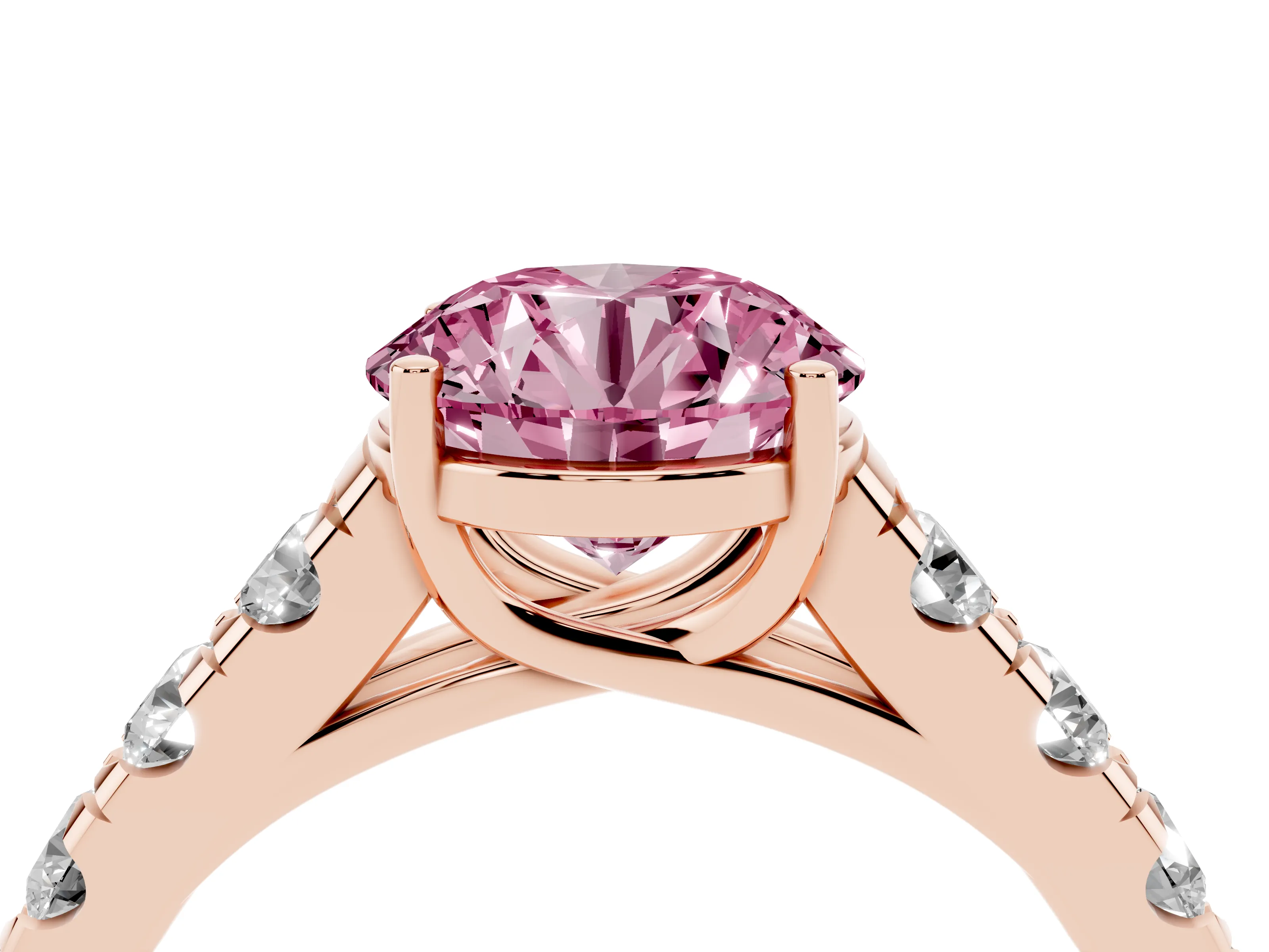 Fancy Pink Round Cut Diamond Solitaire Ring Set in Rose gold with Cut-Down Micro Pavé Band and Prong Setting