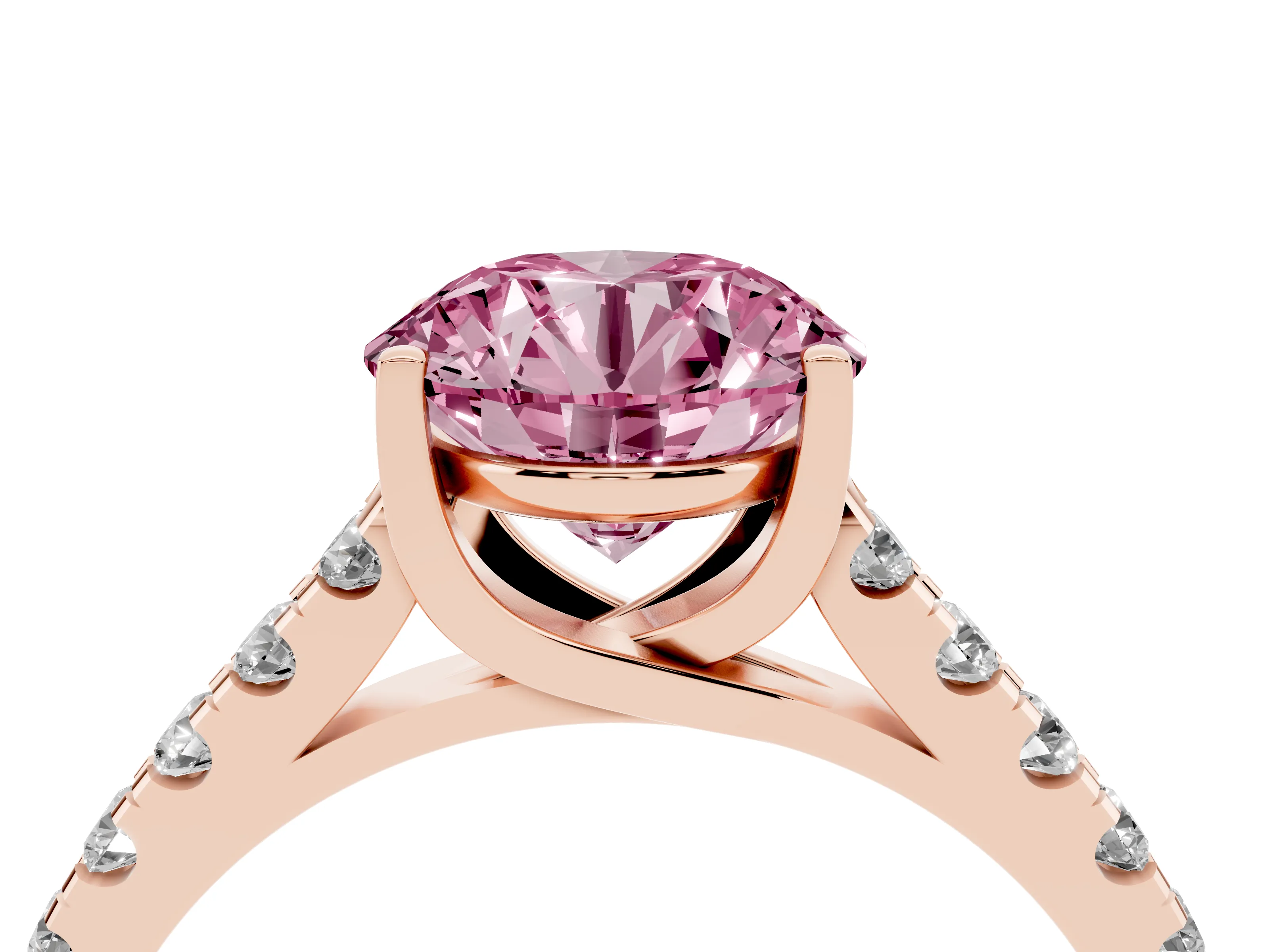 Fancy Pink Round Cut Diamond Pavé Band Solitaire Ring Set in Rose gold with Partway Accent Stones and Prong Setting
