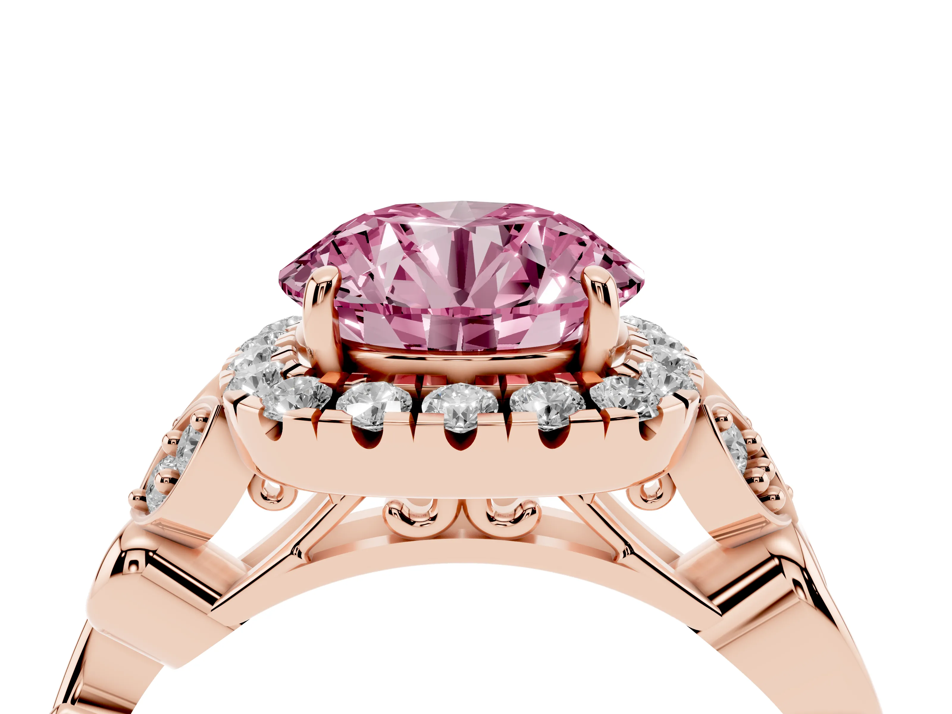 Fancy Pink Round Cut Diamond Halo Engagement Ring Set in Rose gold with Vintage-Inspired Band and Prong Setting