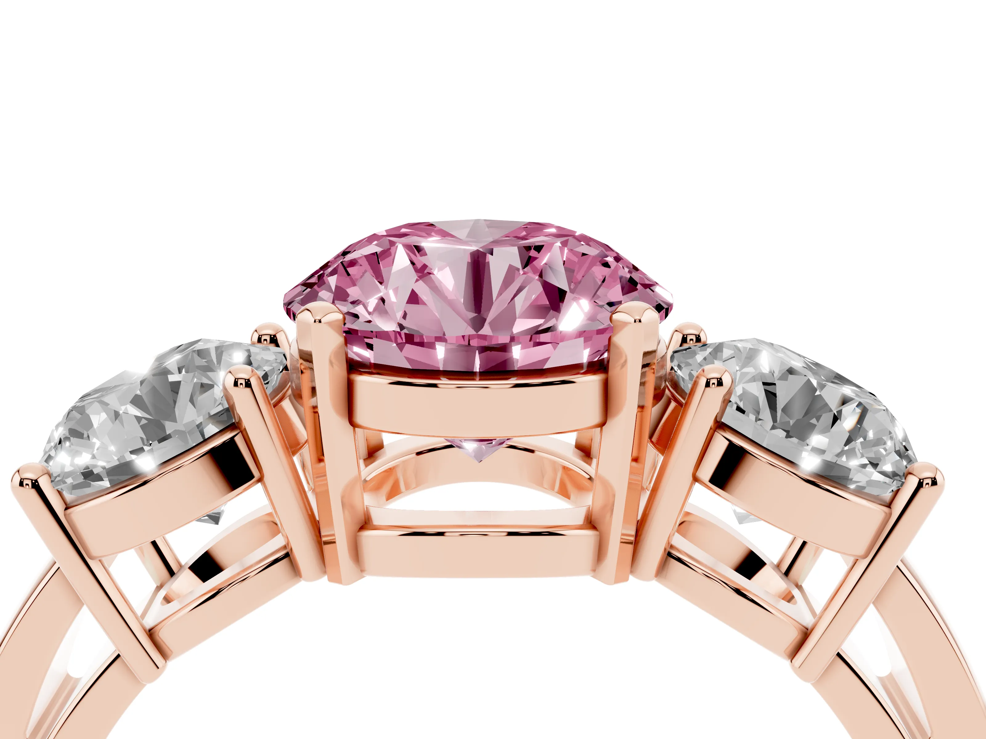 Fancy Pink Round Cut Diamond Three-Stone Ring Set in Rose gold with Round Side Stones and Classic Band