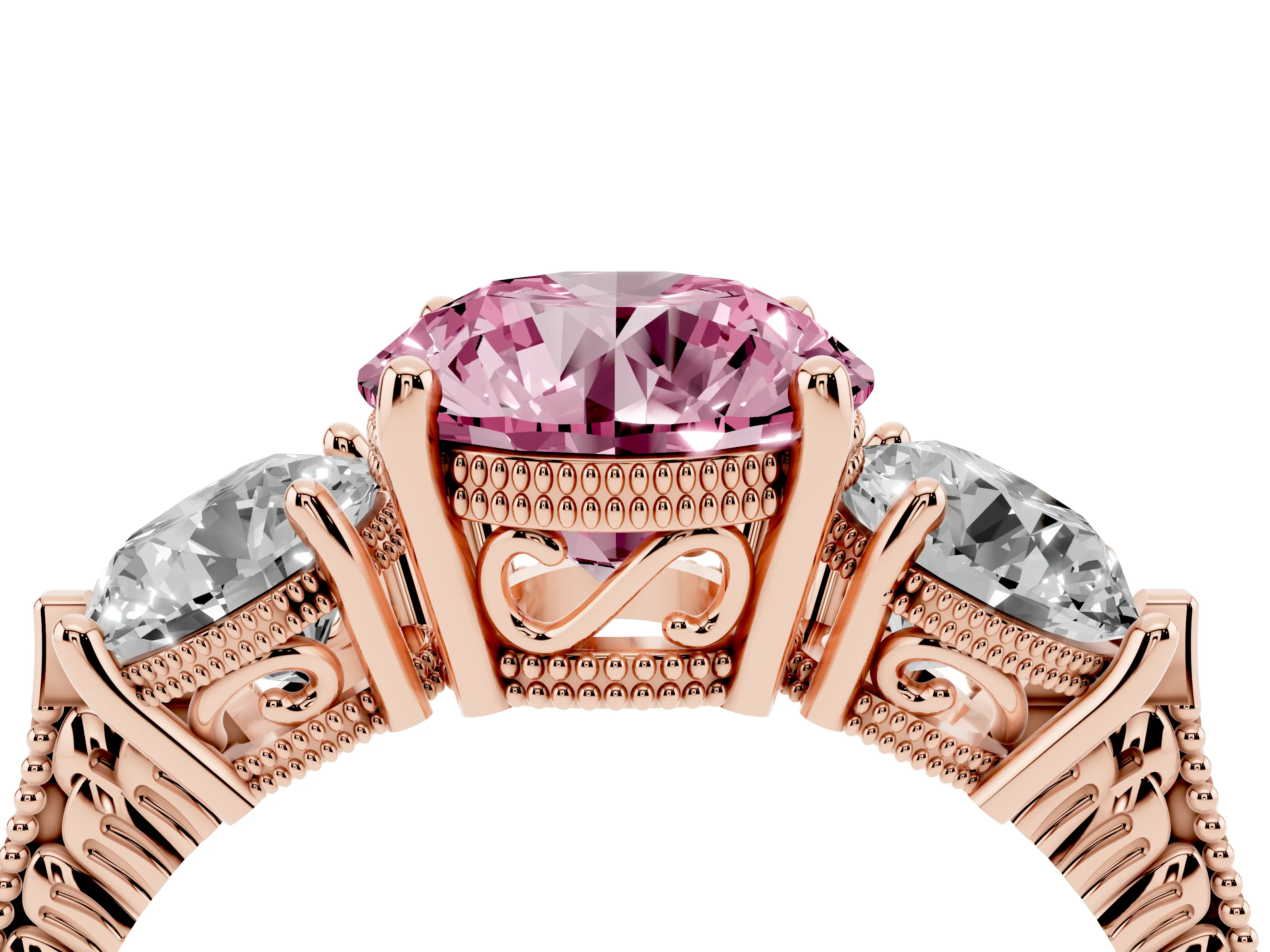 Fancy Pink Round Cut Diamond Three-Stone Ring Set in Rose gold with Milgrain Band