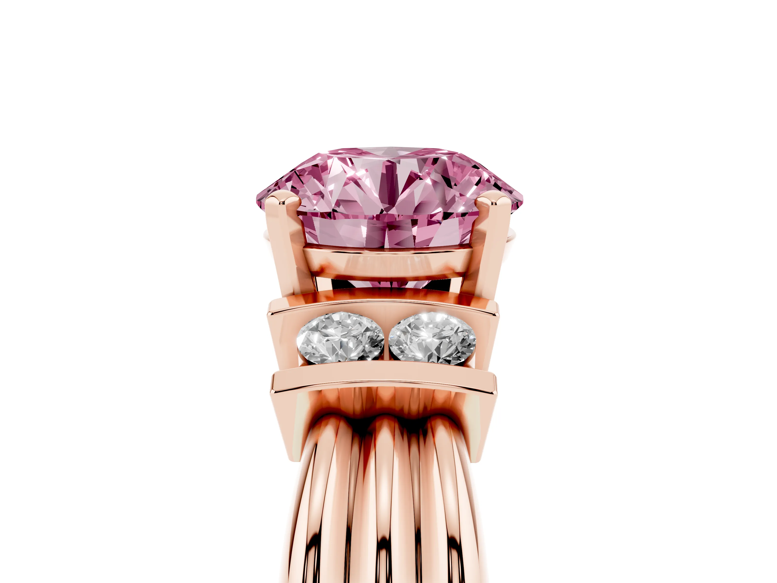 Fancy Pink Three-Stone Round Cut Diamond Channel Set Ring Set in Rose gold with Bar Prongs