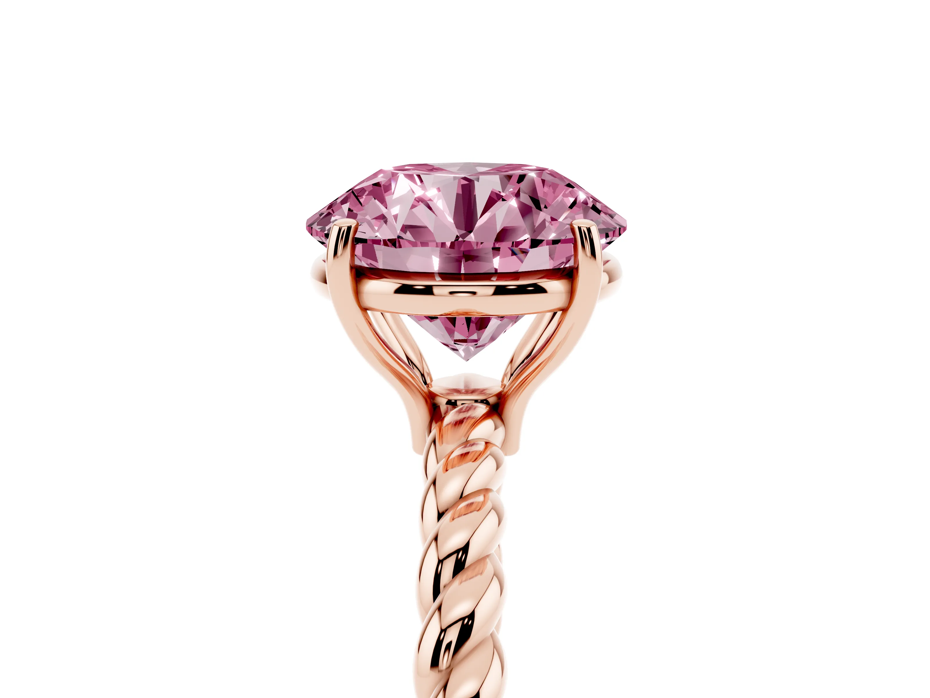 Fancy Pink Round Cut Diamond Solitaire Ring Set in Rose gold with Twist Band and Prong Setting
