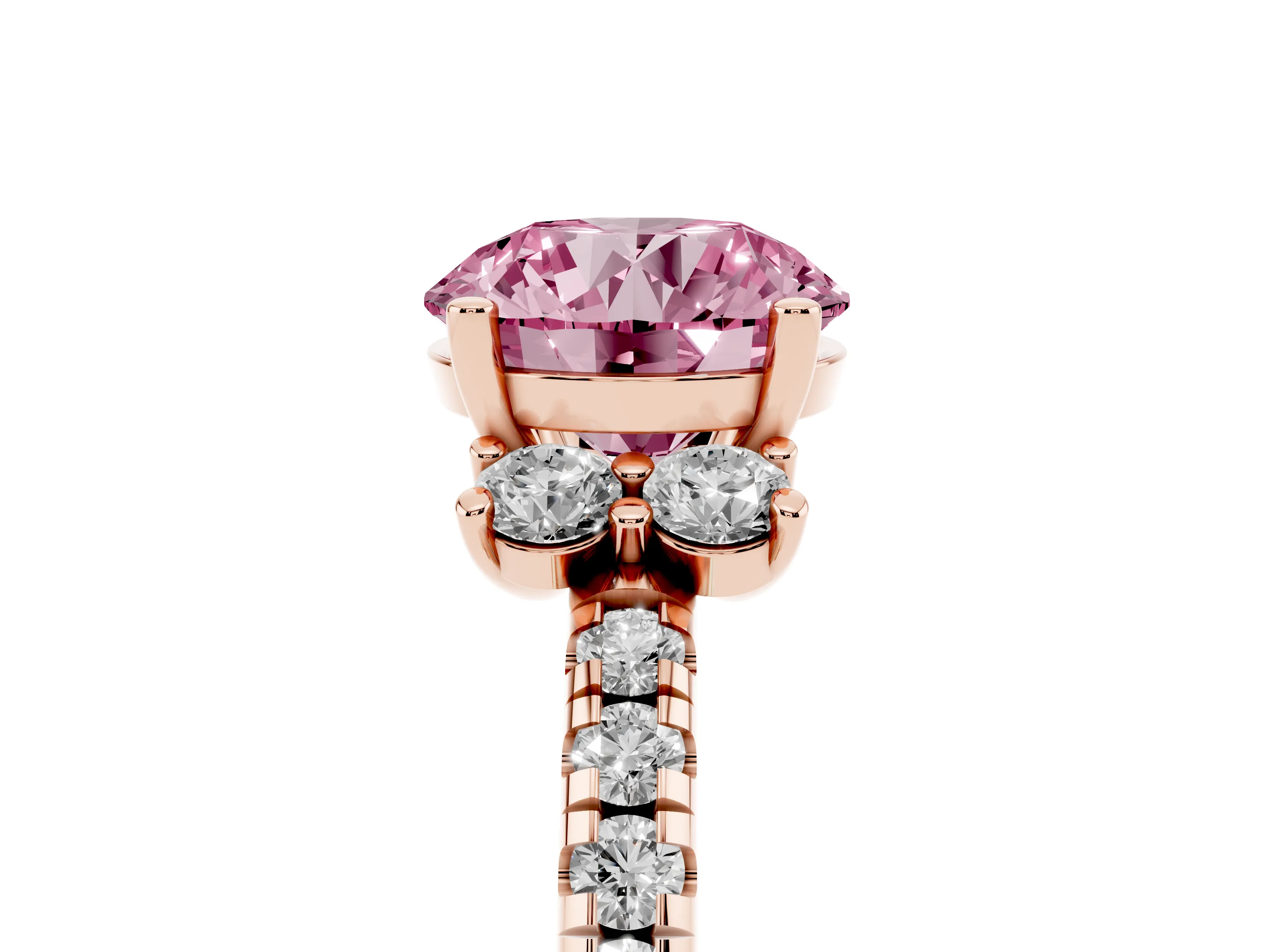 Fancy Pink Round Cut Diamond Three-Stone Pavé Ring Set in Rose gold with Prong Setting