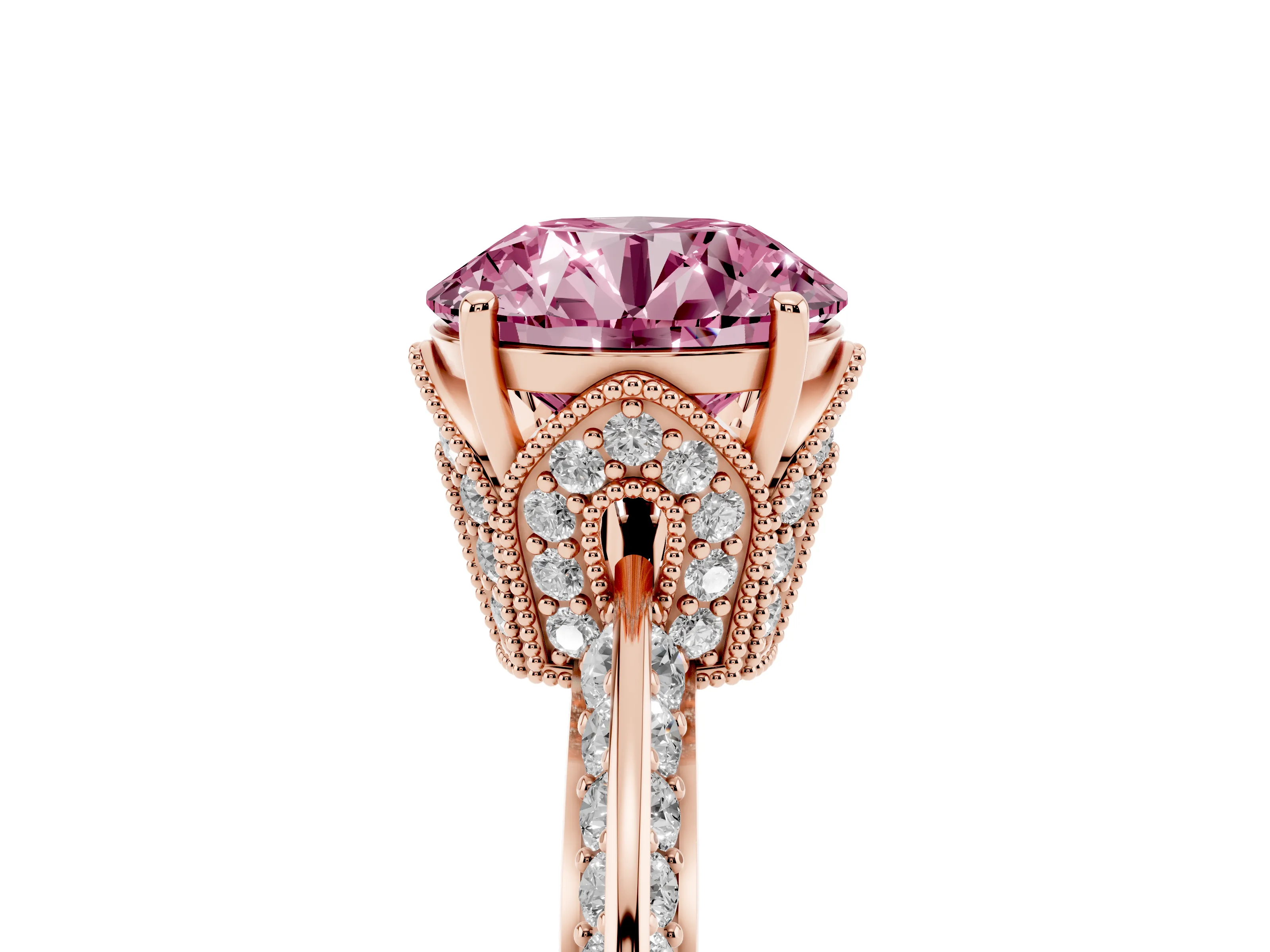 Fancy Pink Round Cut Diamond Solitaire Engagement Ring Set in Rose gold with Pavé Split Shank and Prong Setting