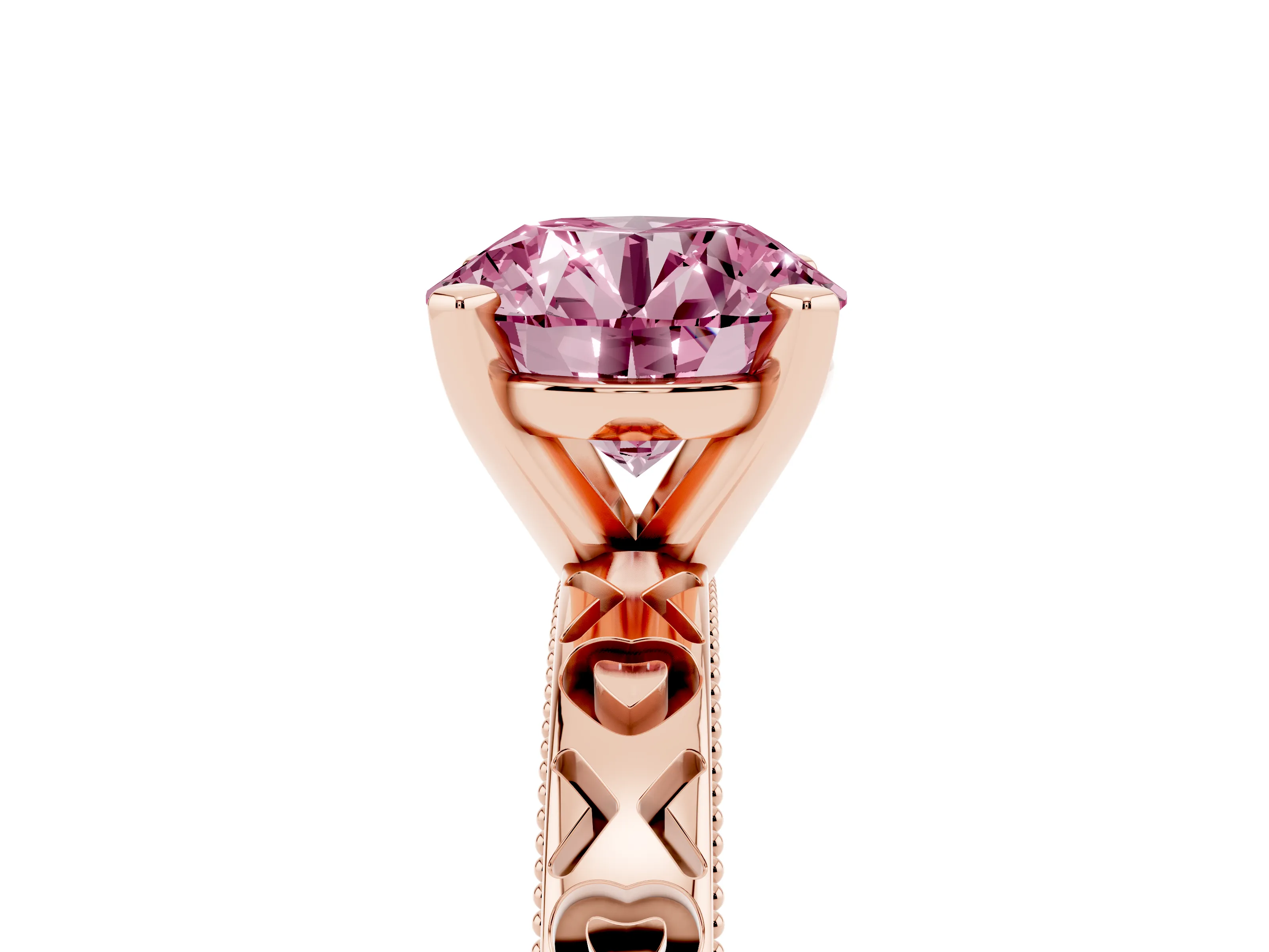 Fancy Pink Round Cut Diamond Solitaire Engagement Ring Set in Rose gold with XO Engraved Band and Prong Setting