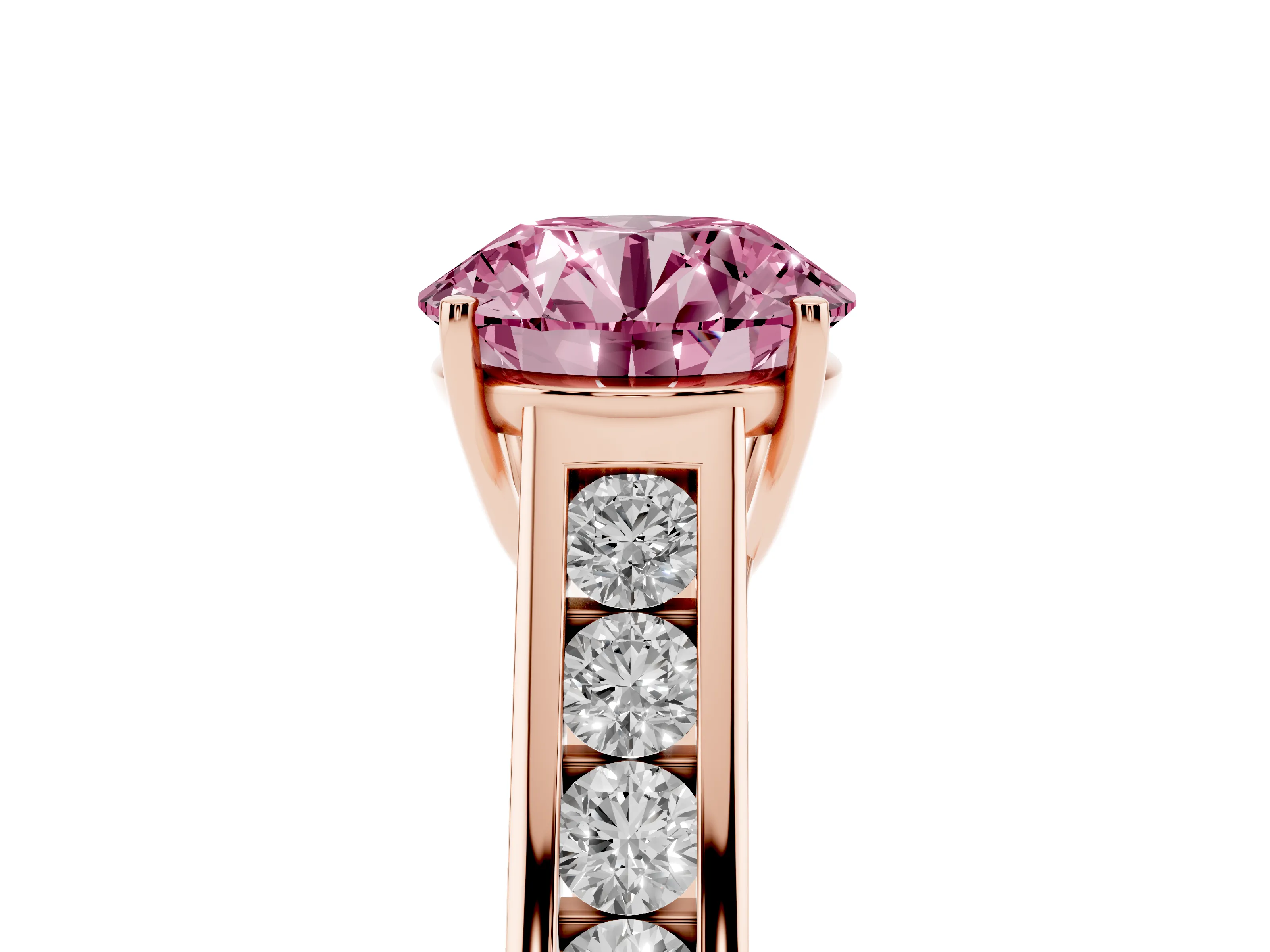 Fancy Pink Round Cut Diamond Solitaire Channel-Set Engagement Ring Set in Rose gold with Prong Setting