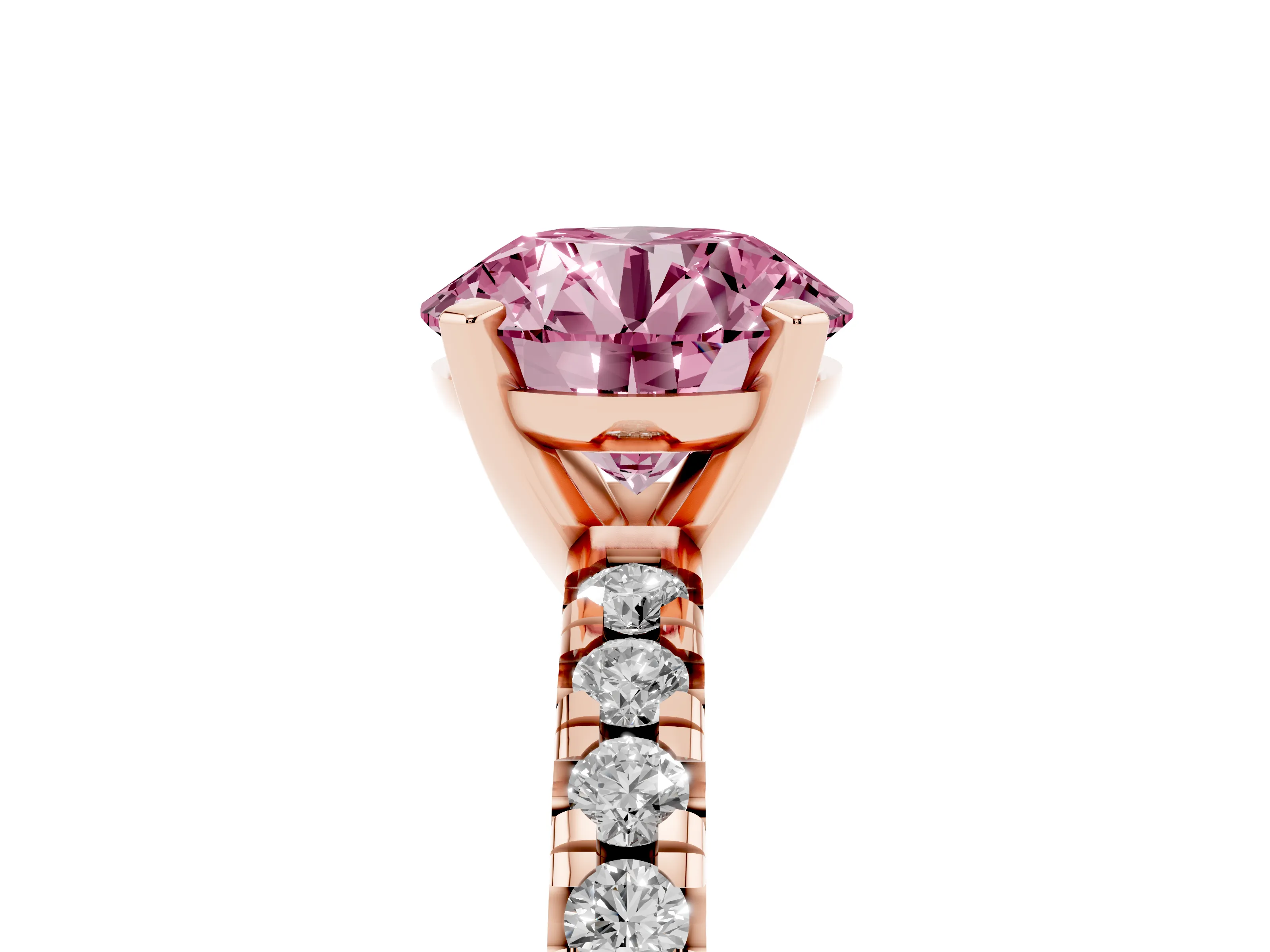 Fancy Pink Round Cut Diamond Solitaire Pavé Engagement Ring Set in Rose gold with Round Band and Prong Setting