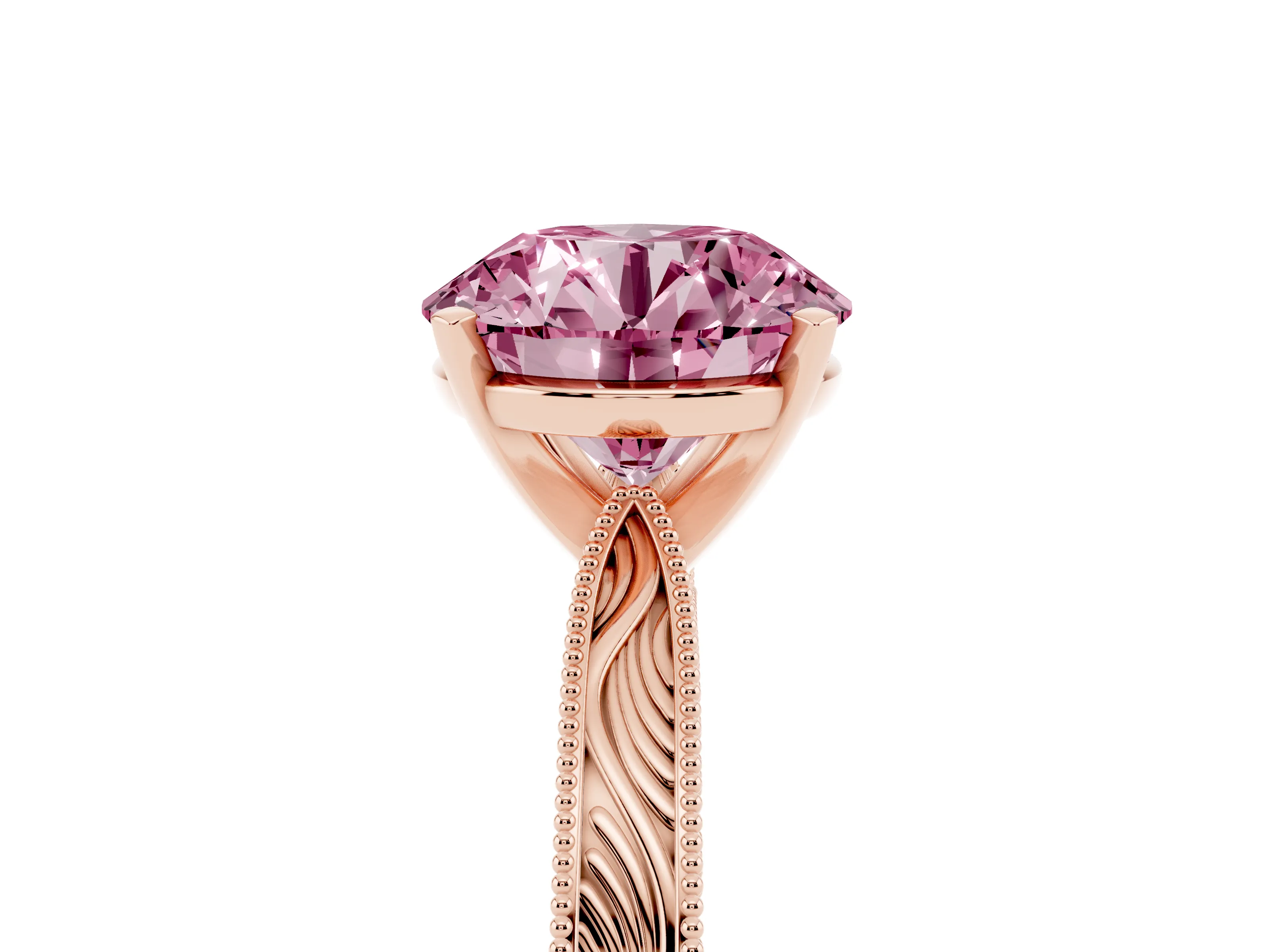 Fancy Pink Round Cut Diamond Solitaire Milgrain Engraved Band Set in Rose gold with Prong Setting