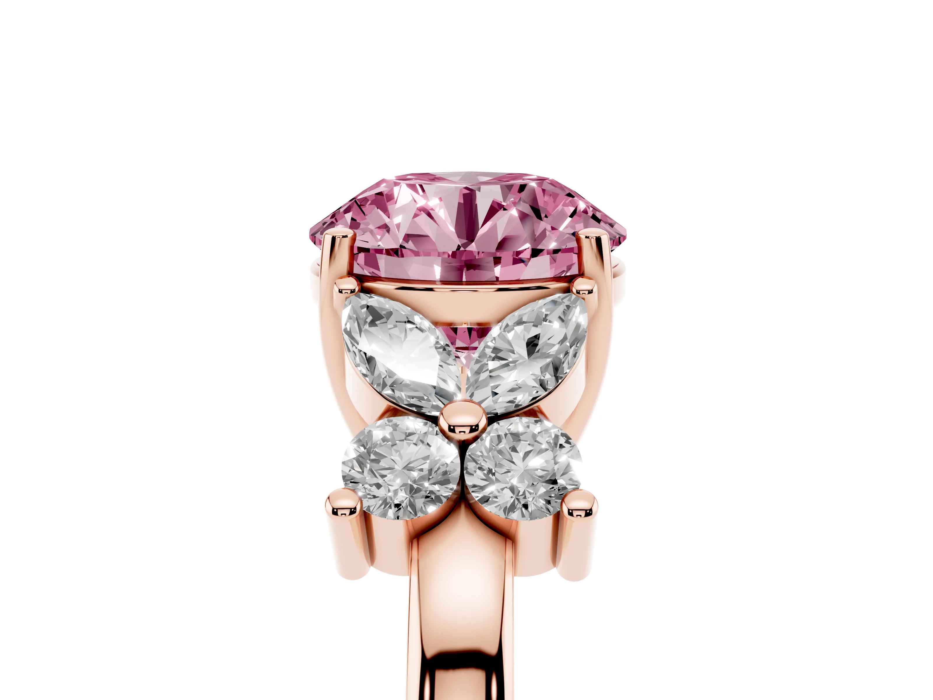 Fancy Pink Round Cut Diamond Floral Cluster Ring Set in Rose gold with Marquise Petals and Prong Setting